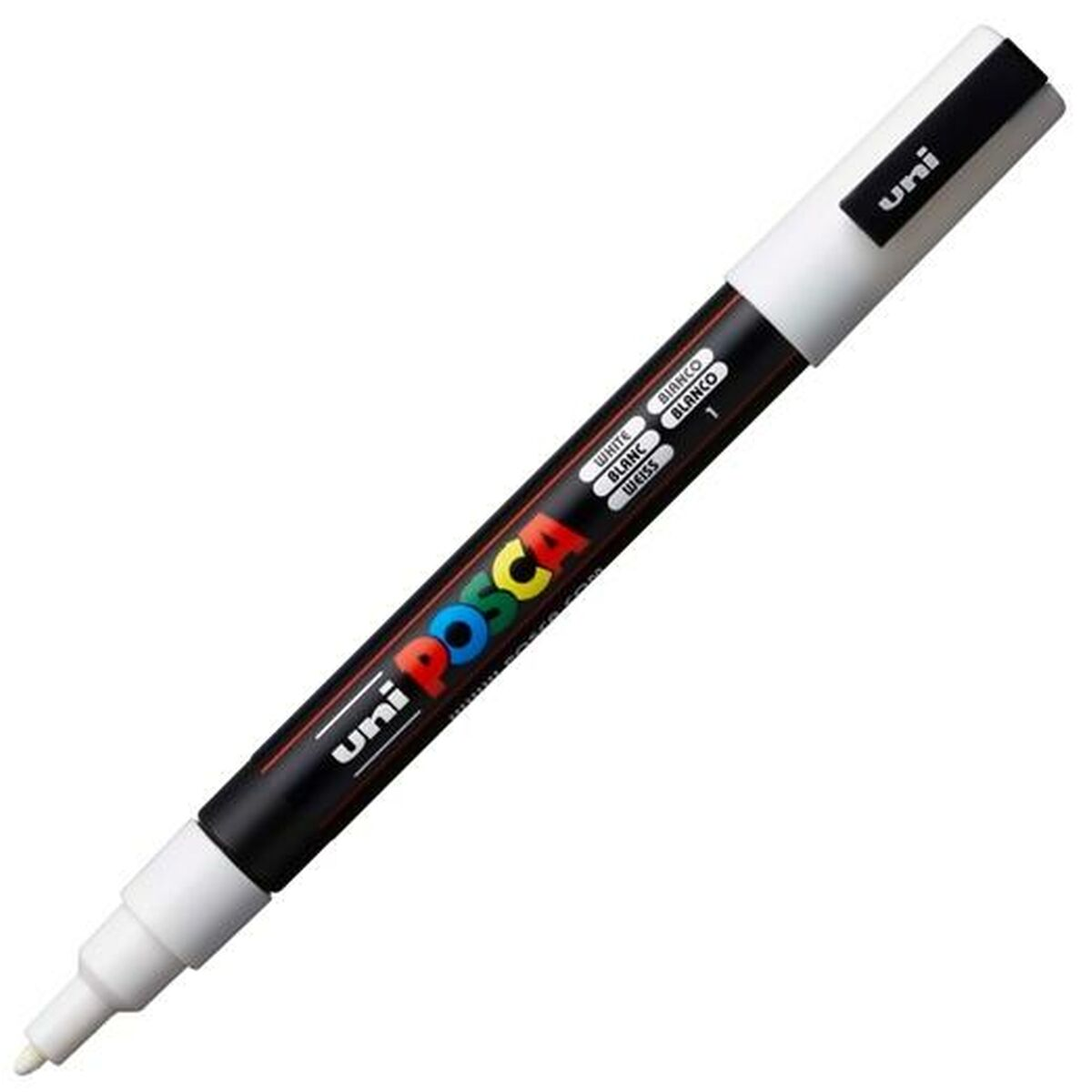 Ein weißer Uni Posca Stift mit schwarzen Akzenten und bunter Schrift.