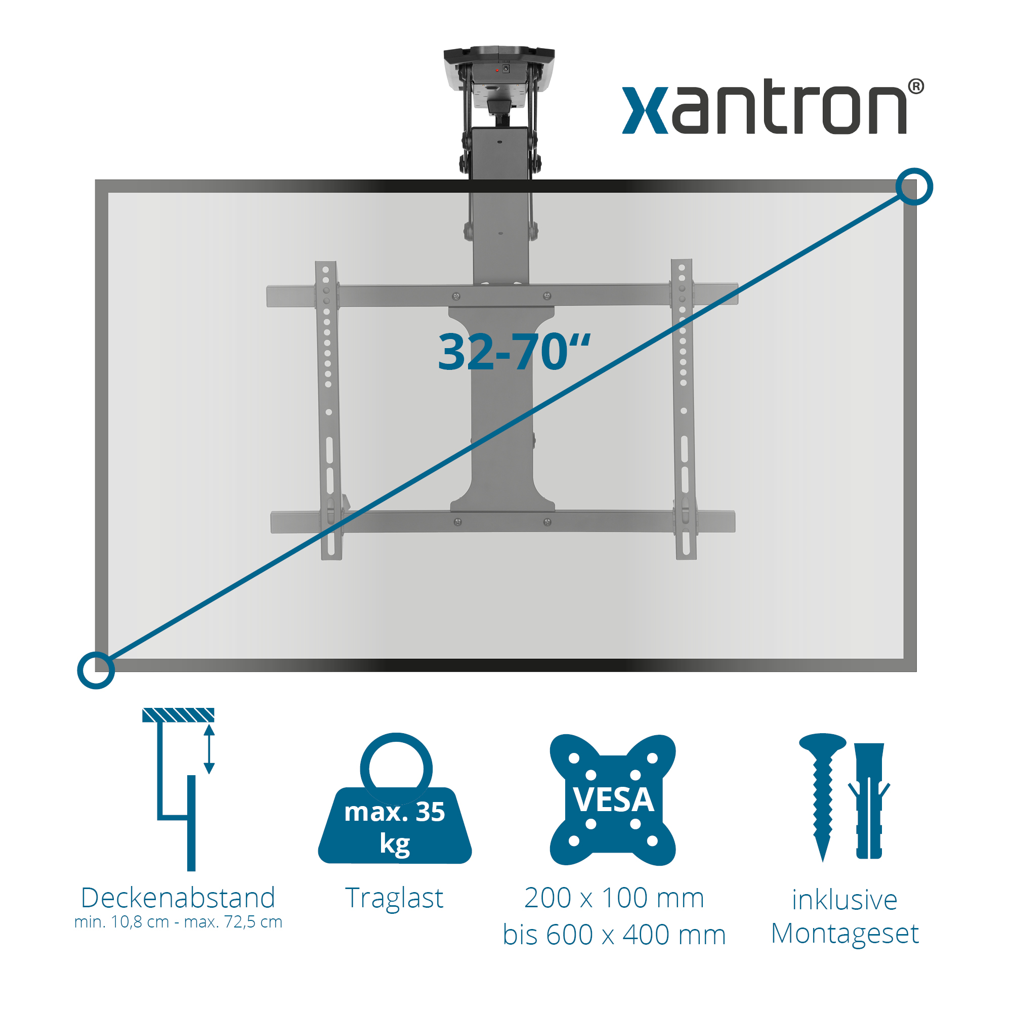 Xantron Deckenhalterung für 32-70 Zoll TVs, 35kg Traglast, VESA 200-600mm.