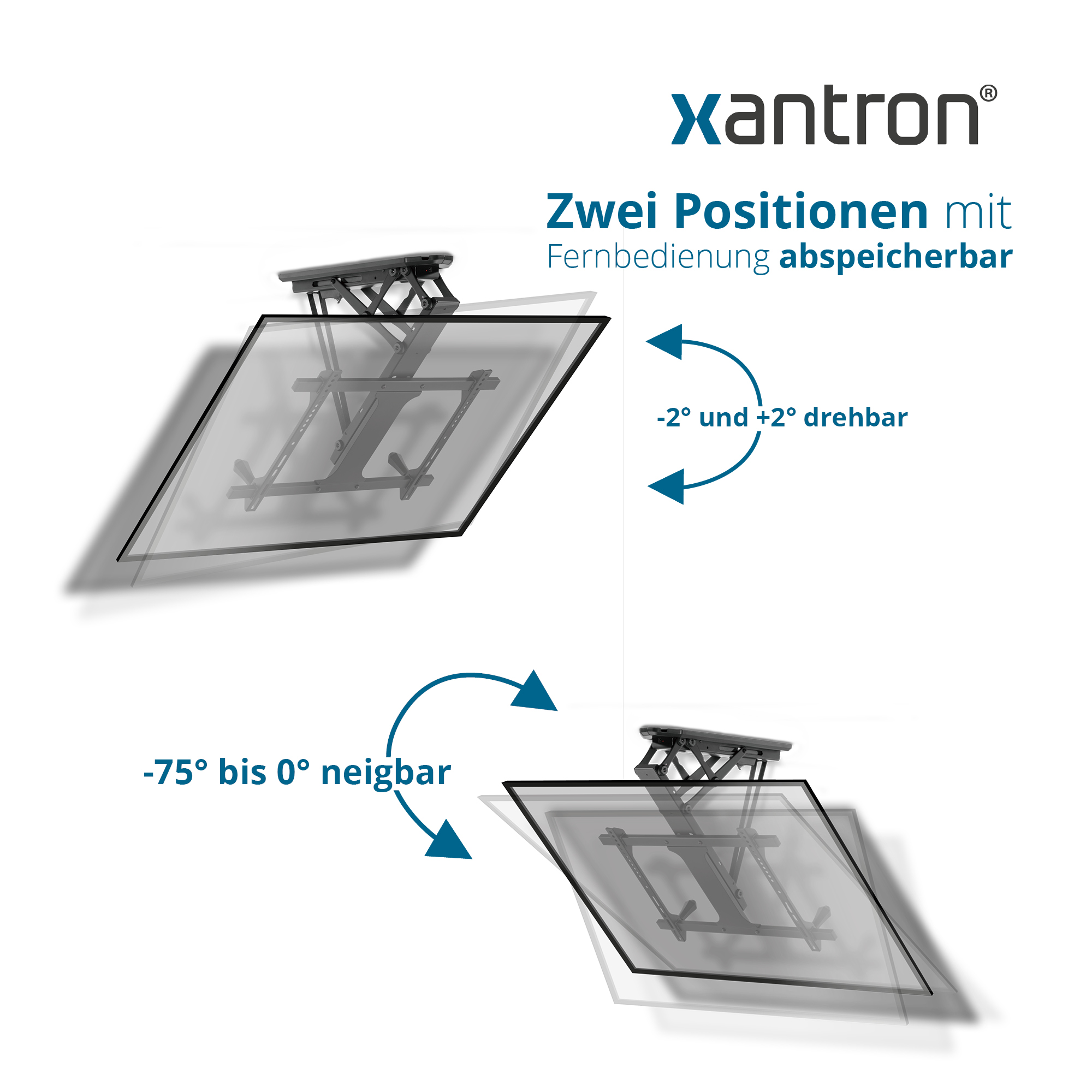 Xantron Deckenhalterung mit zwei speicherbaren Positionen, drehbar -2°/+2°.