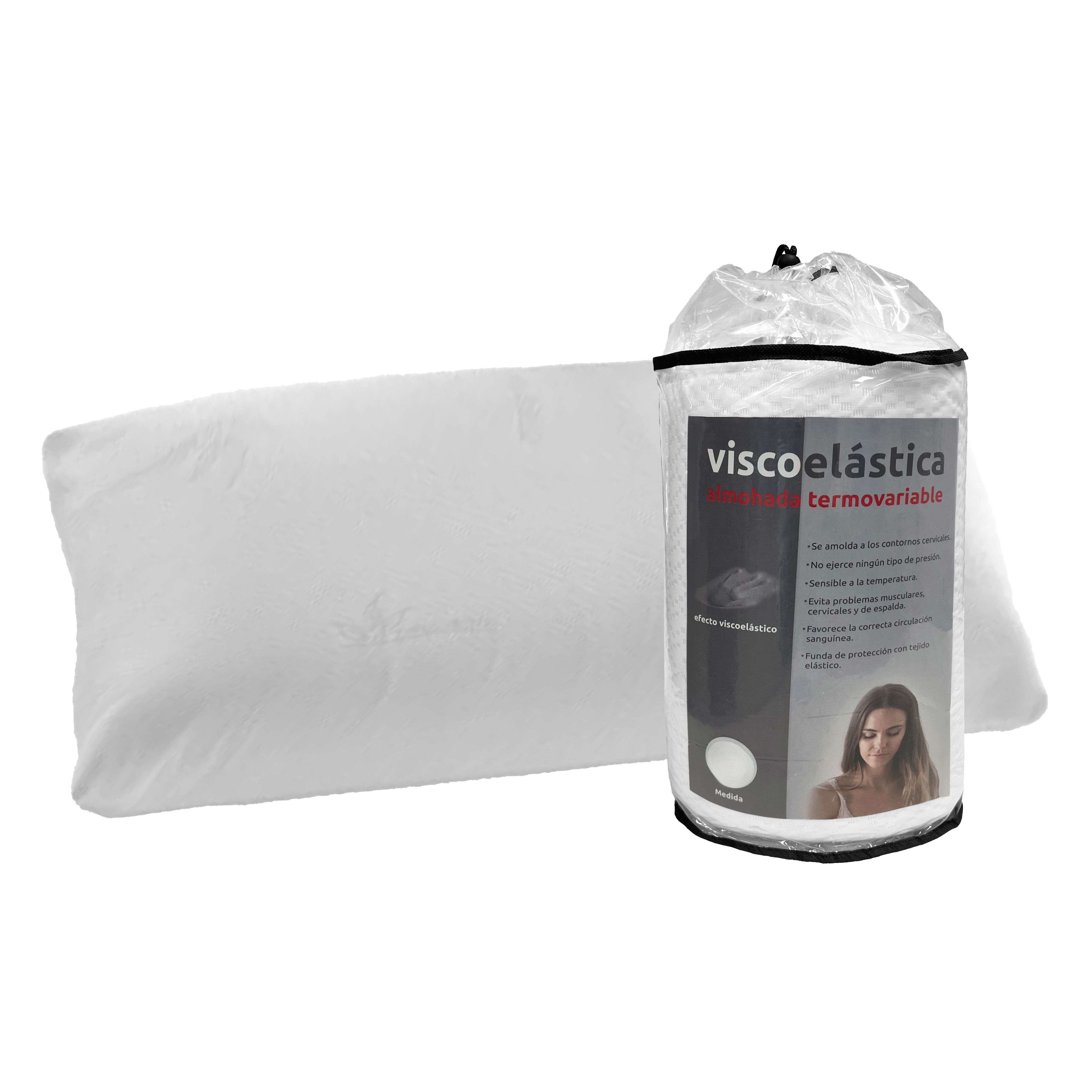 Una almohada blanca en un paquete de plástico con información del producto.