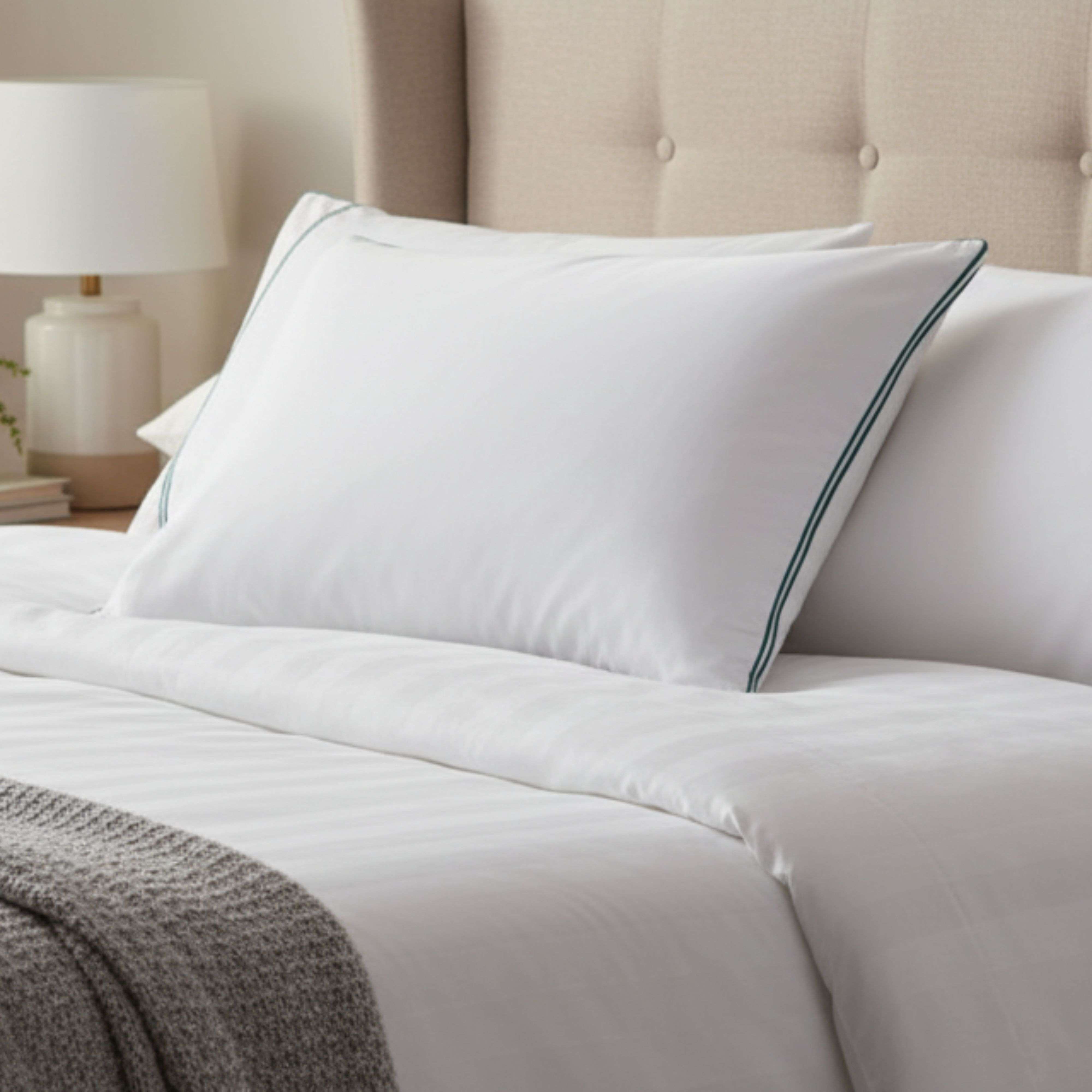 Cama blanca con almohadas, manta y lámpara de noche.