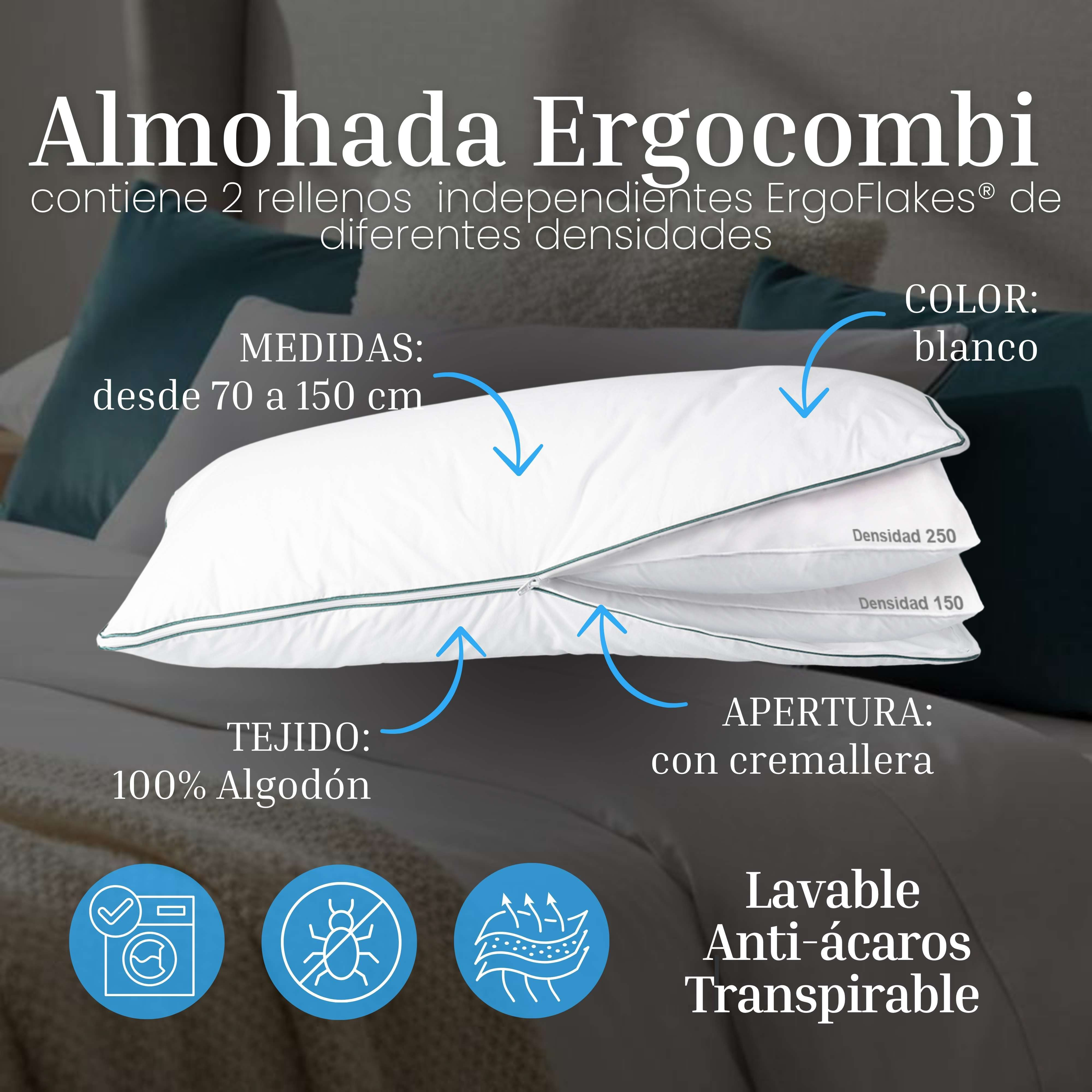 Almohada blanca con cremallera, tejido 100% algodón. Lavable, antiácaros, transpirable.