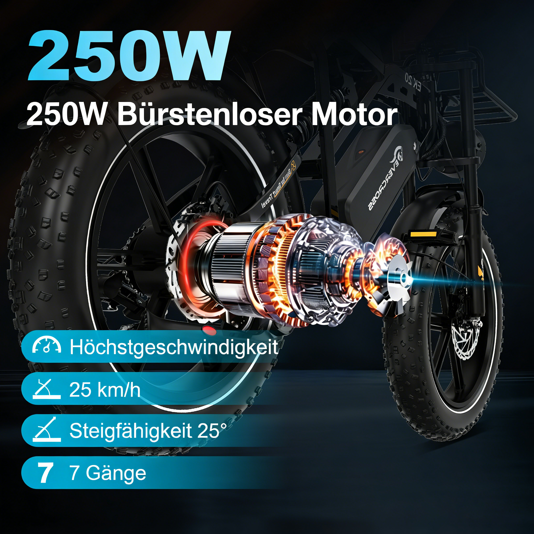 Detailansicht eines E-Bikes mit 250W Motor, 25 km/h, 25° Steigfähigkeit, 7 Gänge.