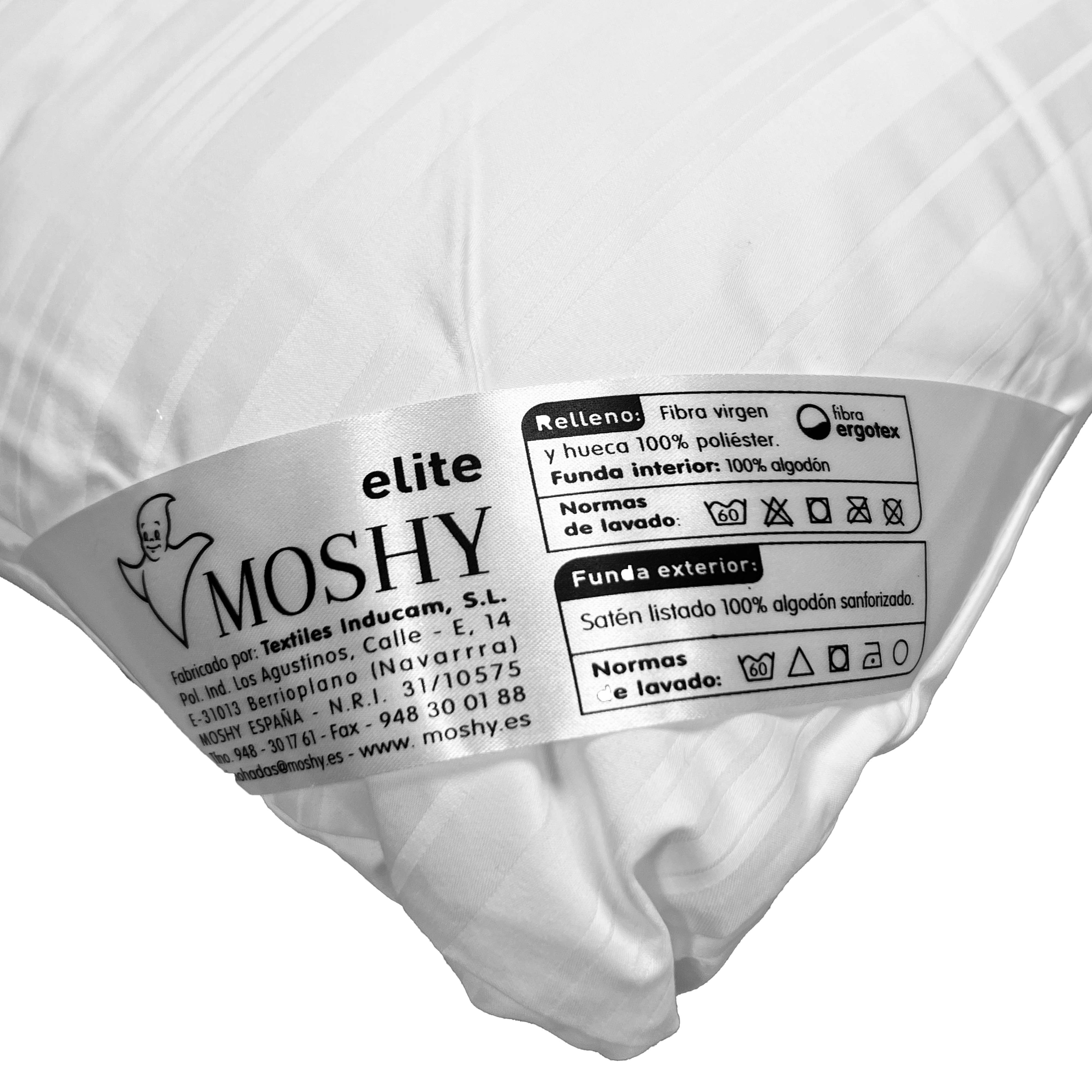 Almohada blanca con etiqueta Moshy Elite. Relleno: fibra poliéster 100%.
