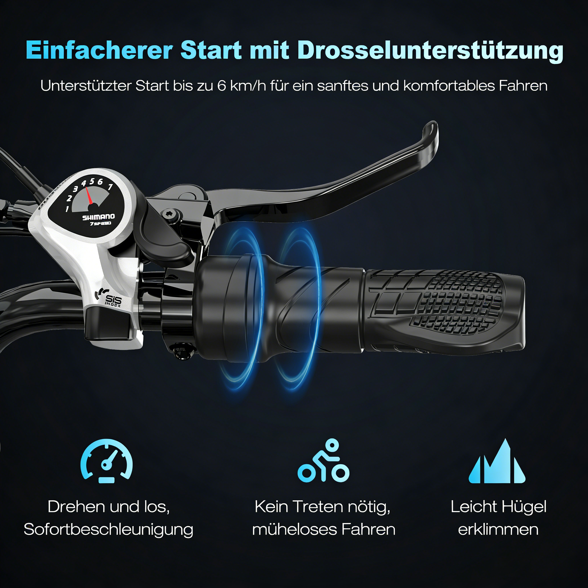 Fahrrad-Griff mit Gangschaltung und Beschleunigungsanzeige.