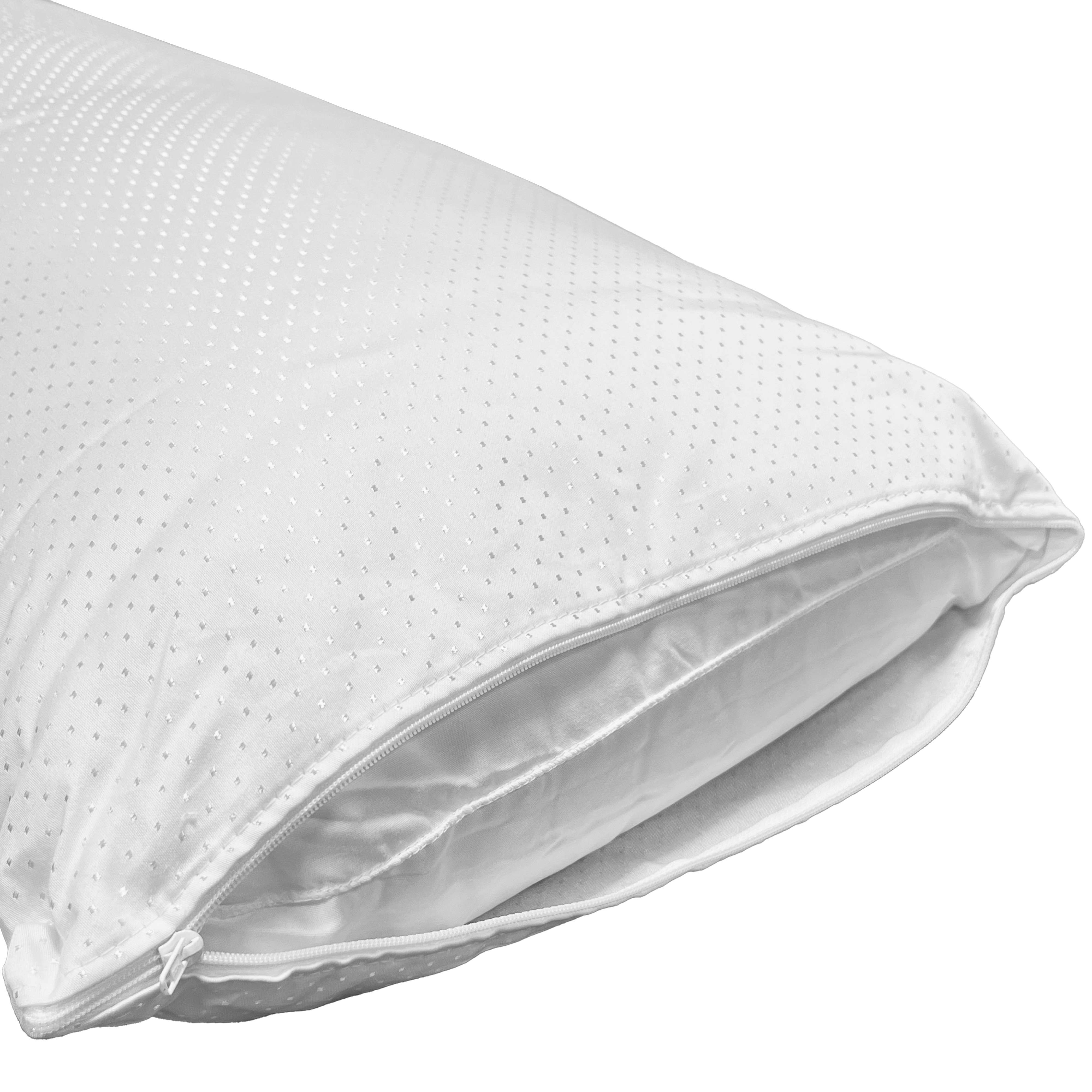 Una almohada blanca con cremallera abierta, que revela una almohada interior.