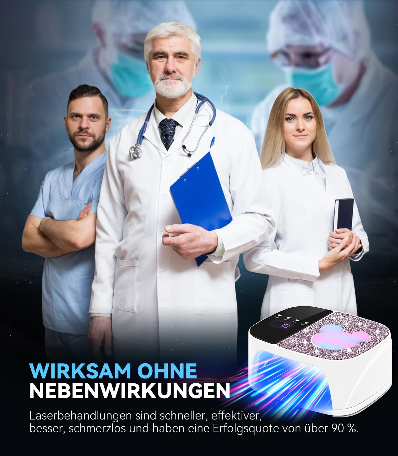 Ärzte stehen vor einem Nagel-UV-Trockner mit Laserstrahlen.