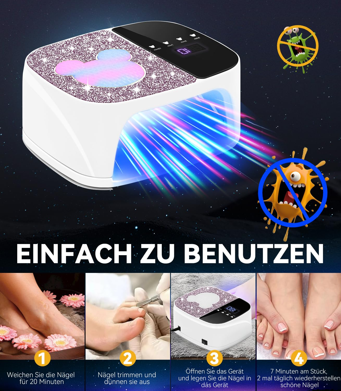 Nageltrockner mit UV-Licht, Mickey-Maus-Design, 4 Schritte zur Nagelpflege.