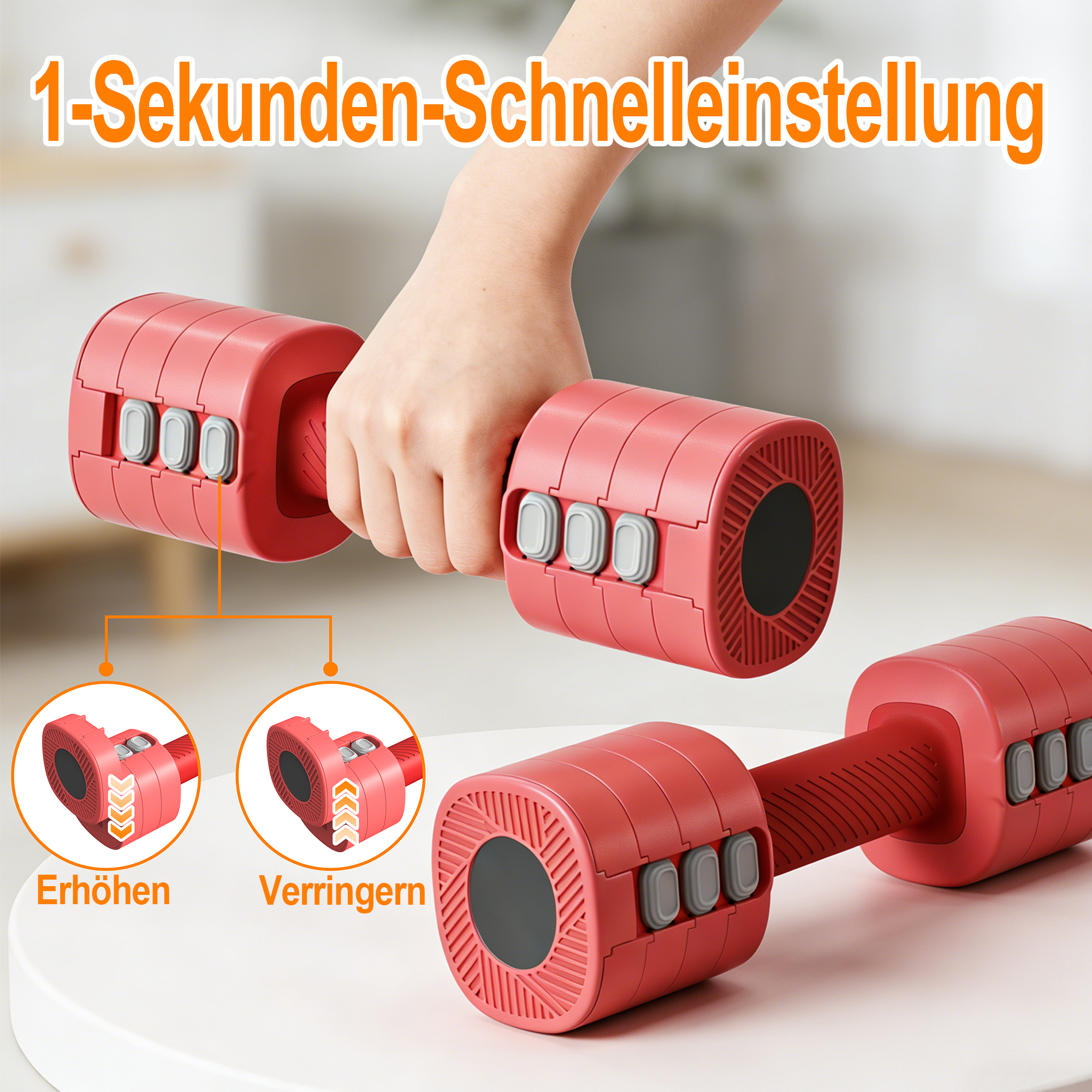 Person hält rote Hantel mit Einstellknöpfen. Nahaufnahme.