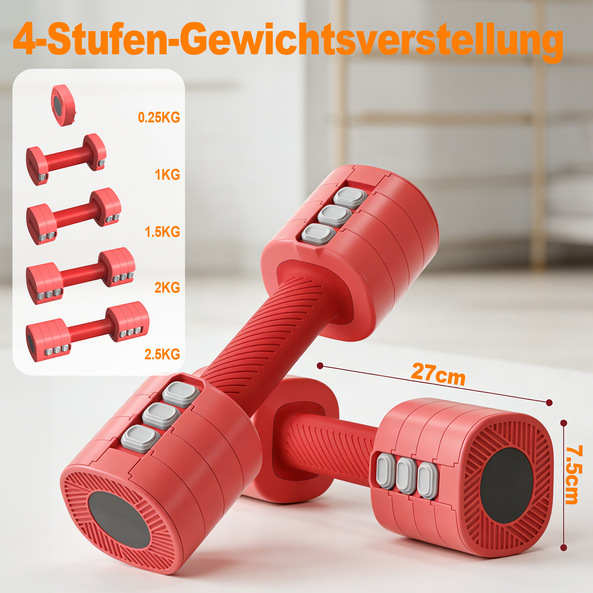 Verstellbare Hanteln in Rot mit Gewichtsangaben und Maßen.