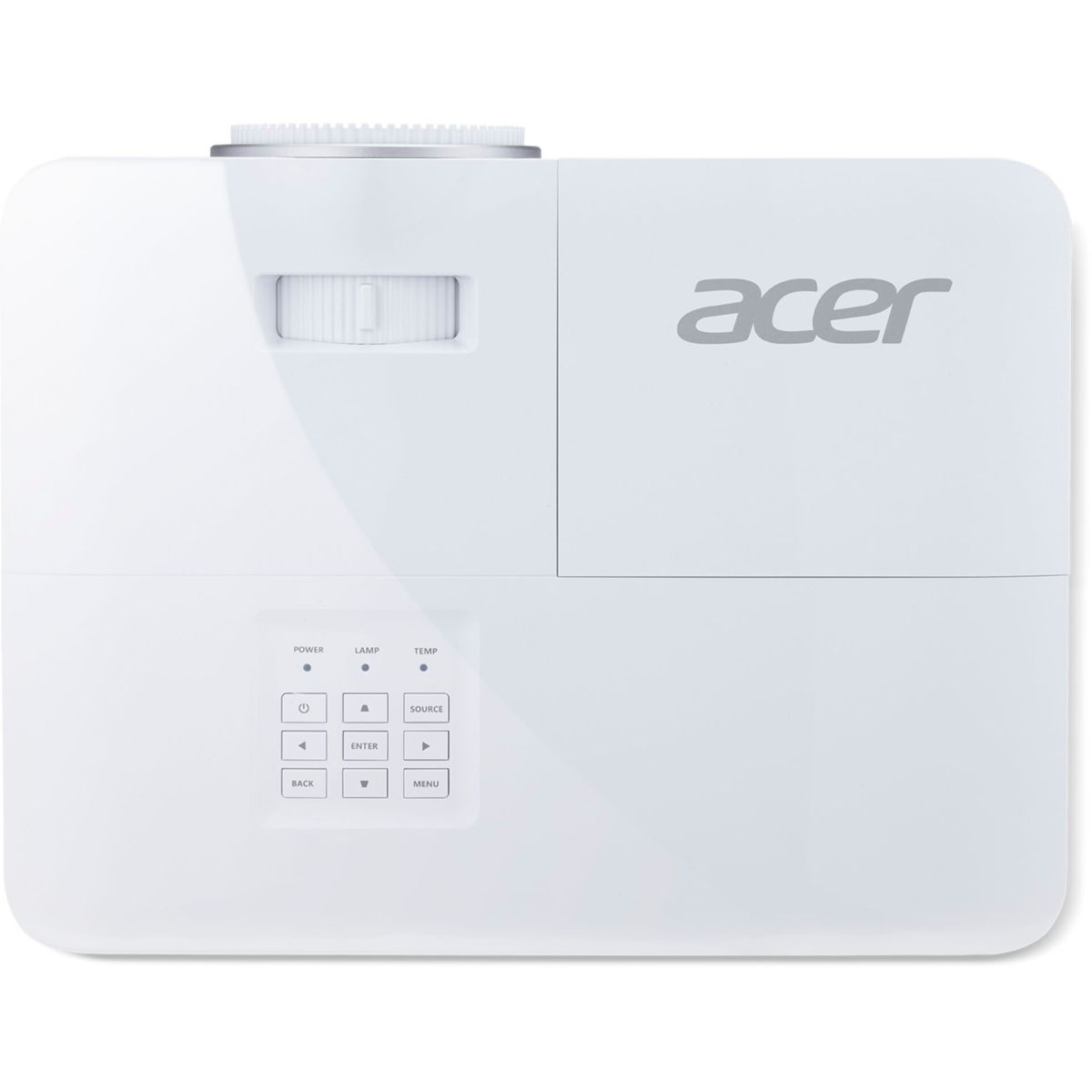 Biały projektor Acer z kółkiem ostrości, przyciskami i logo Acer.