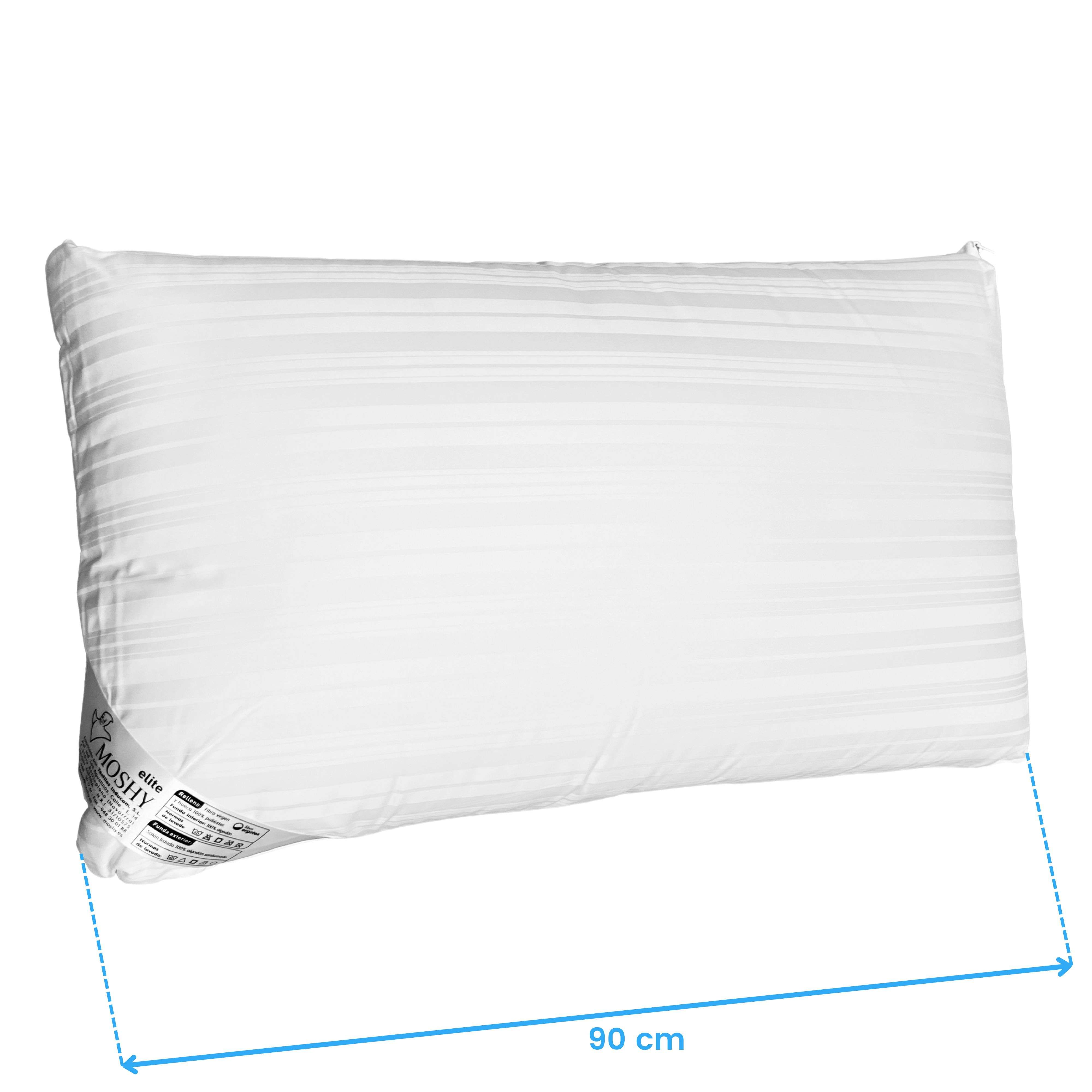 Una almohada blanca a rayas de 90 cm, sobre fondo blanco.