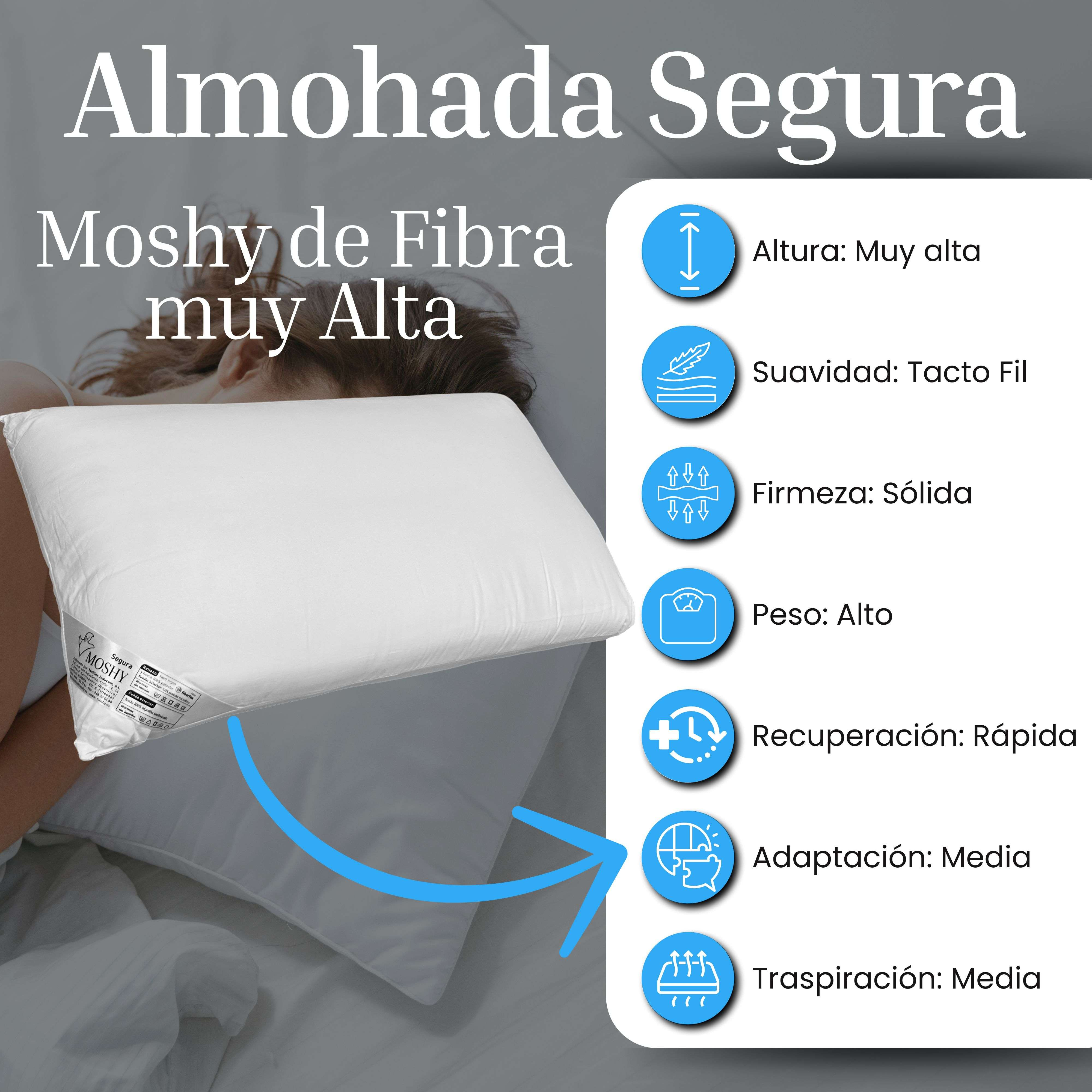 Una persona duerme en una almohada blanca con iconos que describen altura, suavidad, firmeza, peso, recuperación y transpirabilidad.