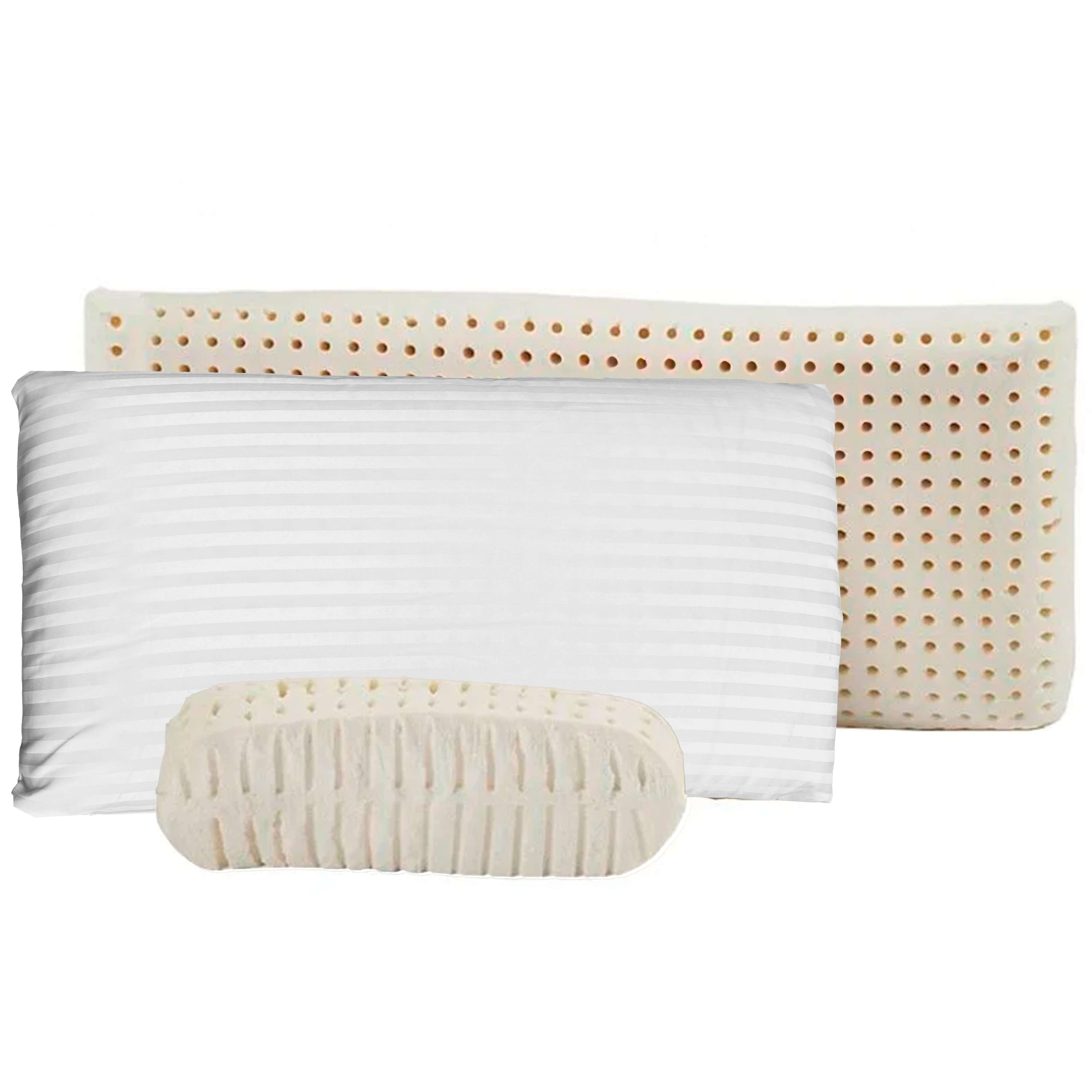 Tres almohadas: una rayada, dos de látex poroso.