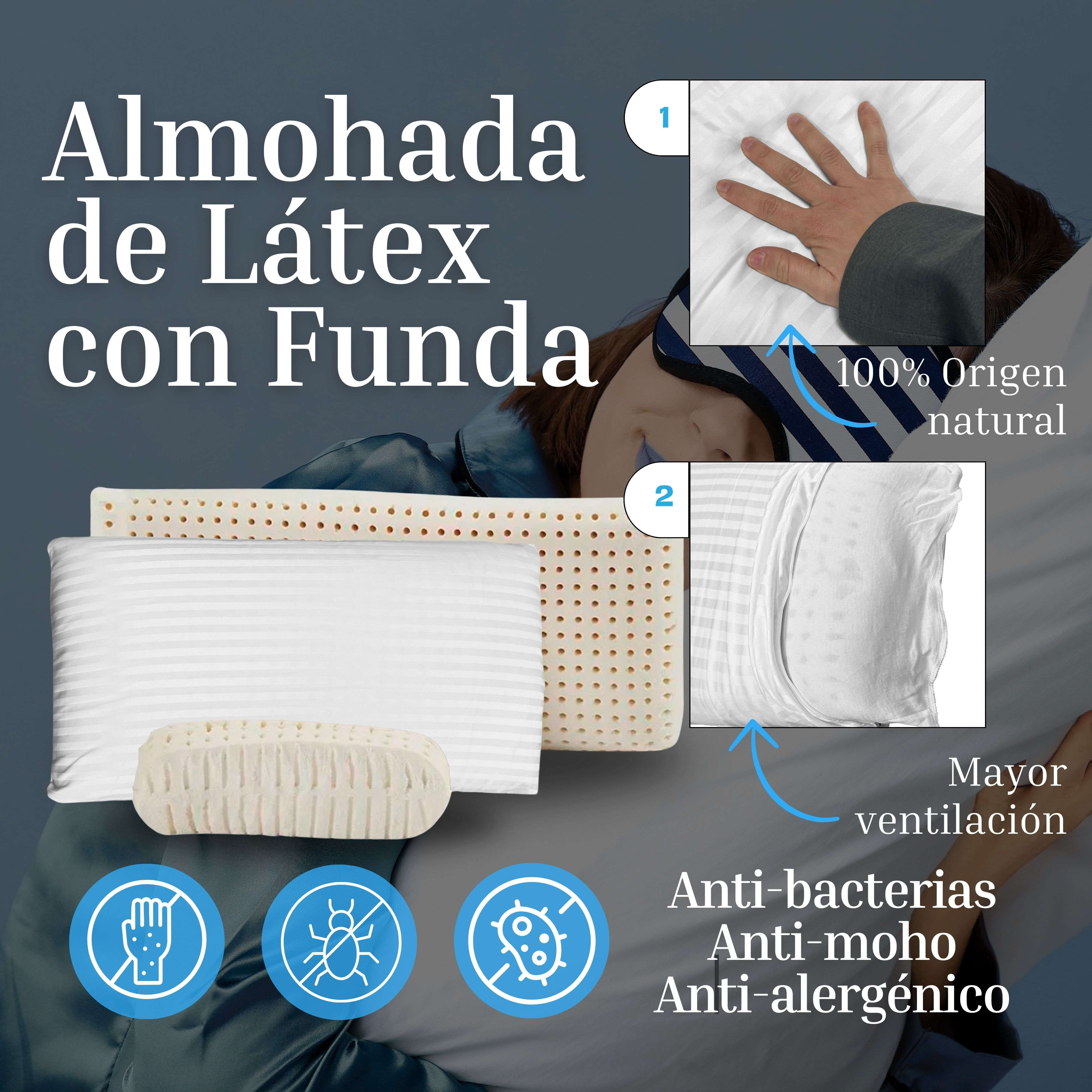 Almohada de látex con funda: 100% natural, transpirable, anti-bacterial.