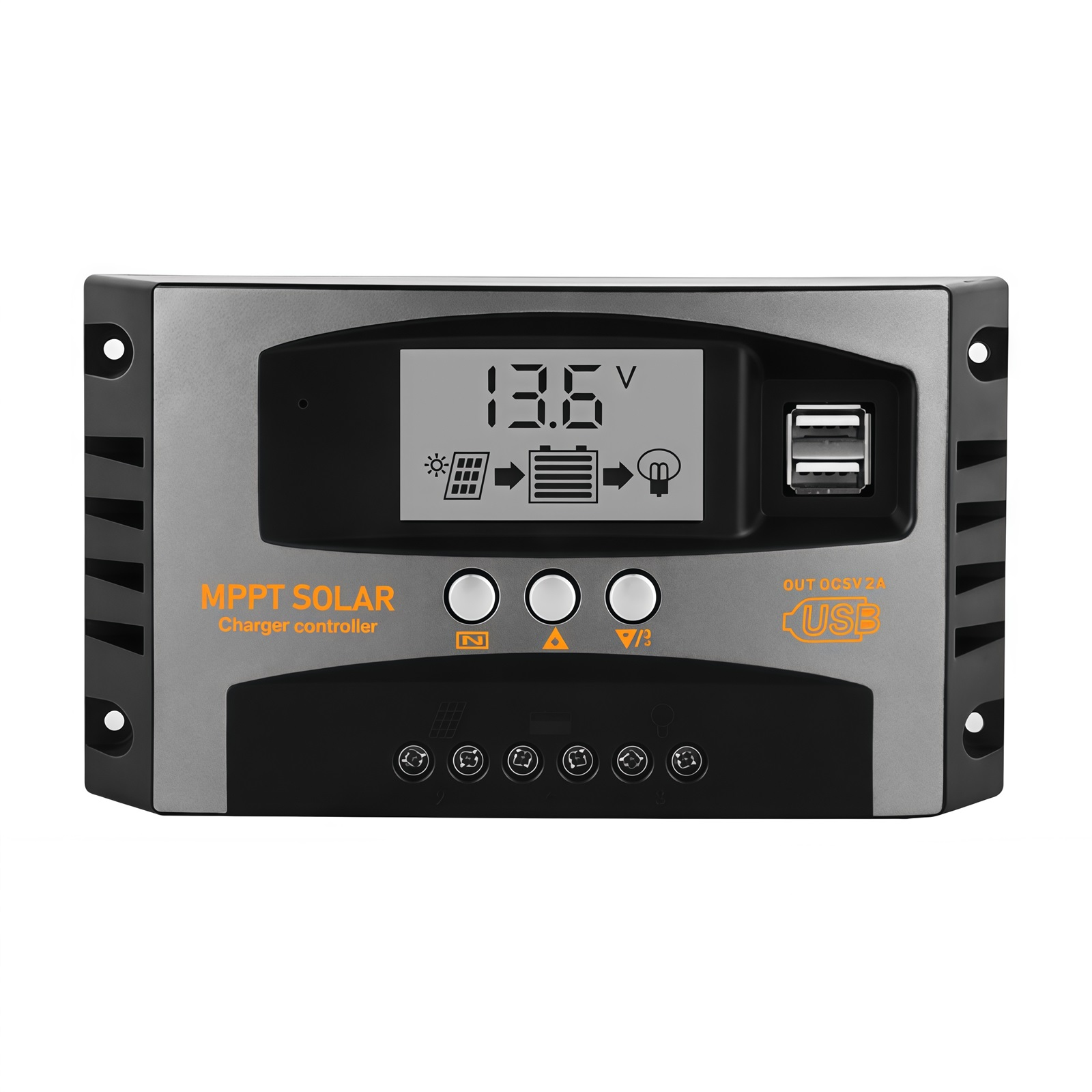 MPPT Solarladeregler mit LCD-Anzeige, die 13,6V, Solar-, Batterie- und Glühbirnen-Symbole anzeigt.