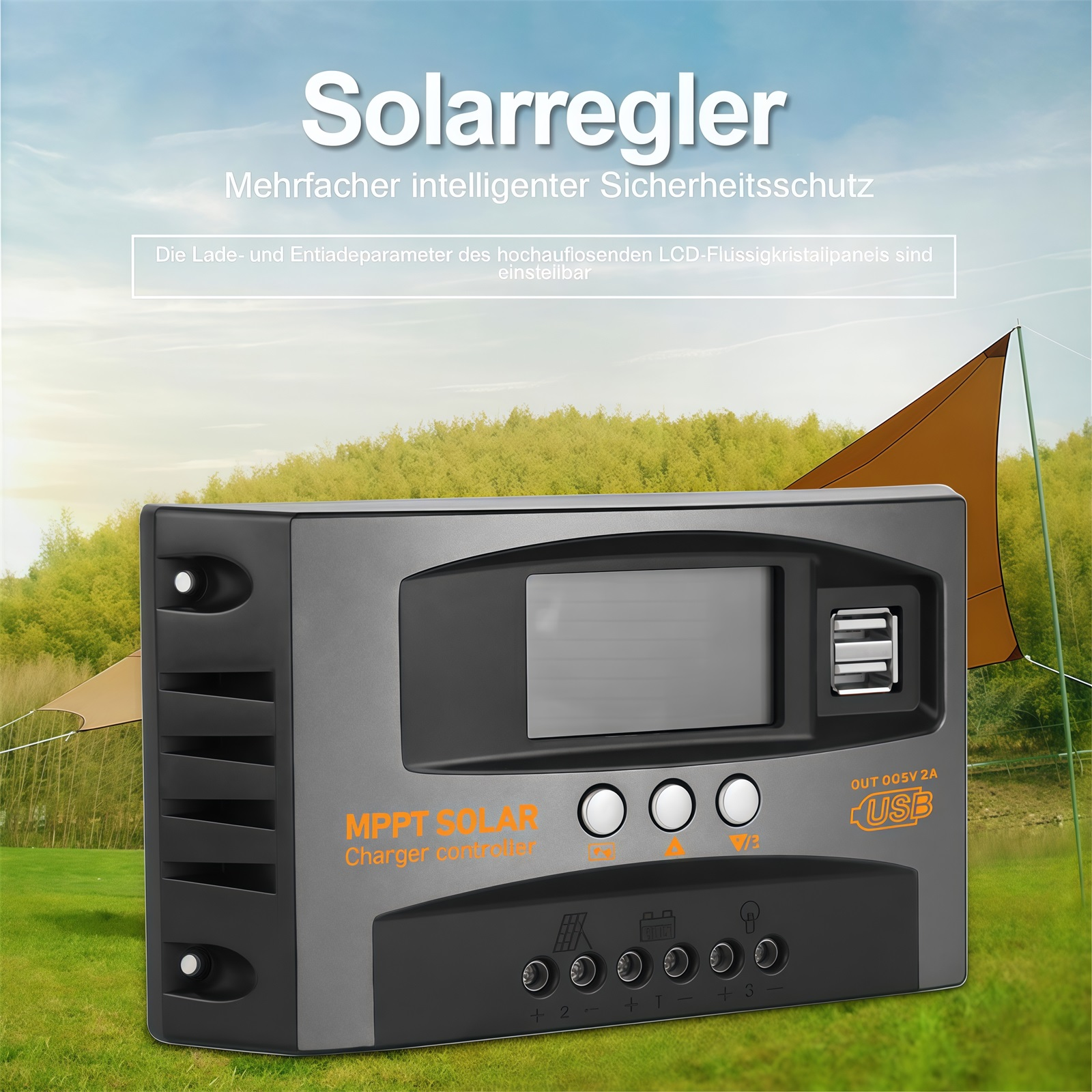 Ein Solarregler mit LCD-Display und USB-Anschlüssen steht auf grünem Gras.