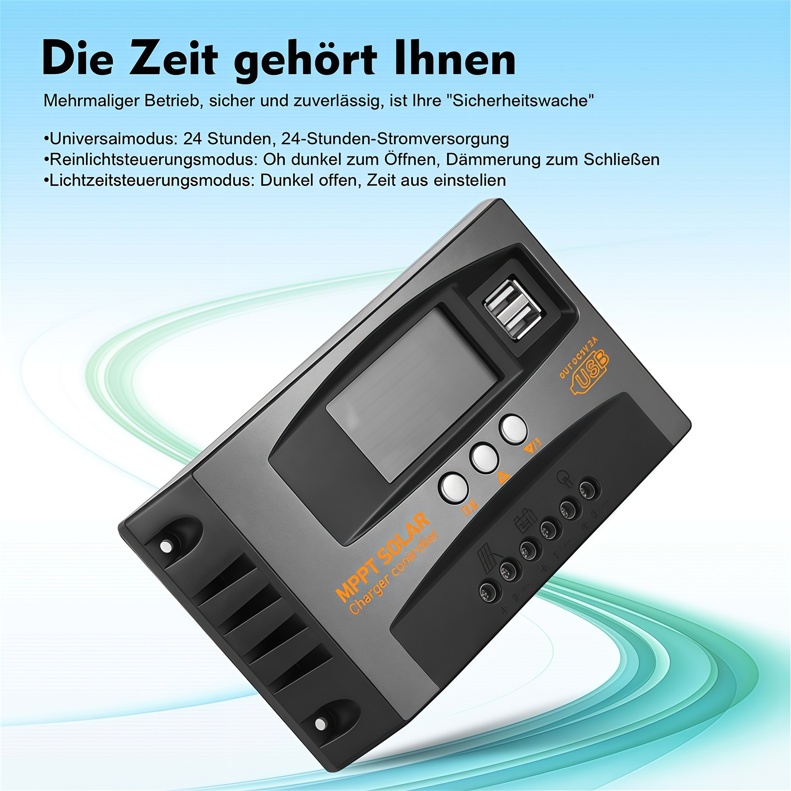 Ein schwarzer MPPT-Solarladeregler mit USB-Anschluss und LCD-Bildschirm.