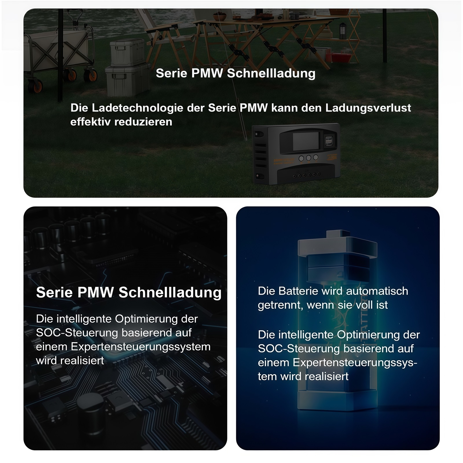 Campingausrüstung mit Ladeeinheit und Text 'Serie PMW Schnellladung'.