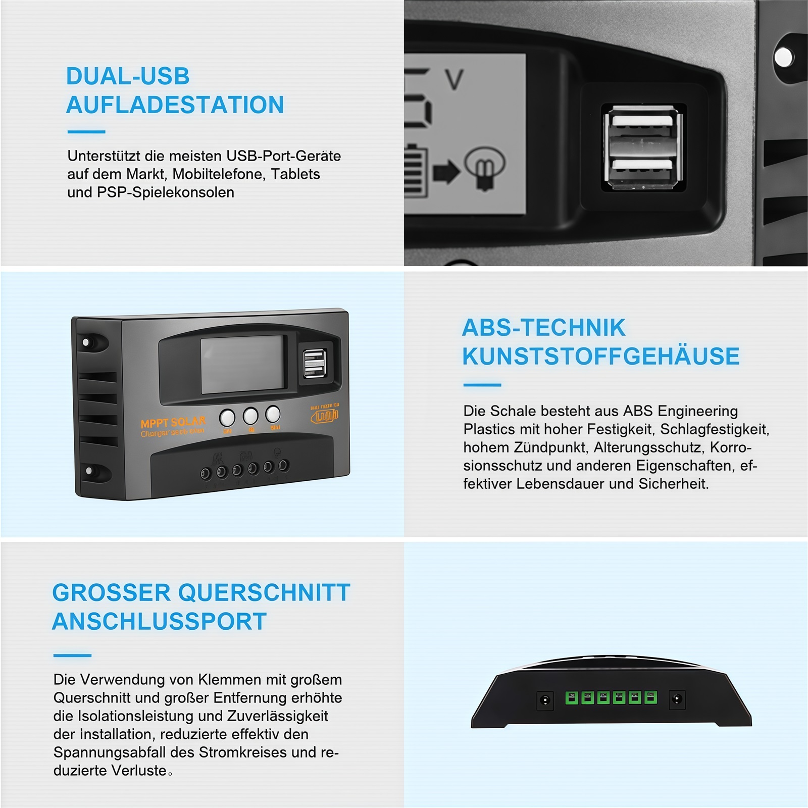 Mehrere Ansichten eines schwarzen Solarreglers mit USB-Anschlüssen und Anschlussterminals.
