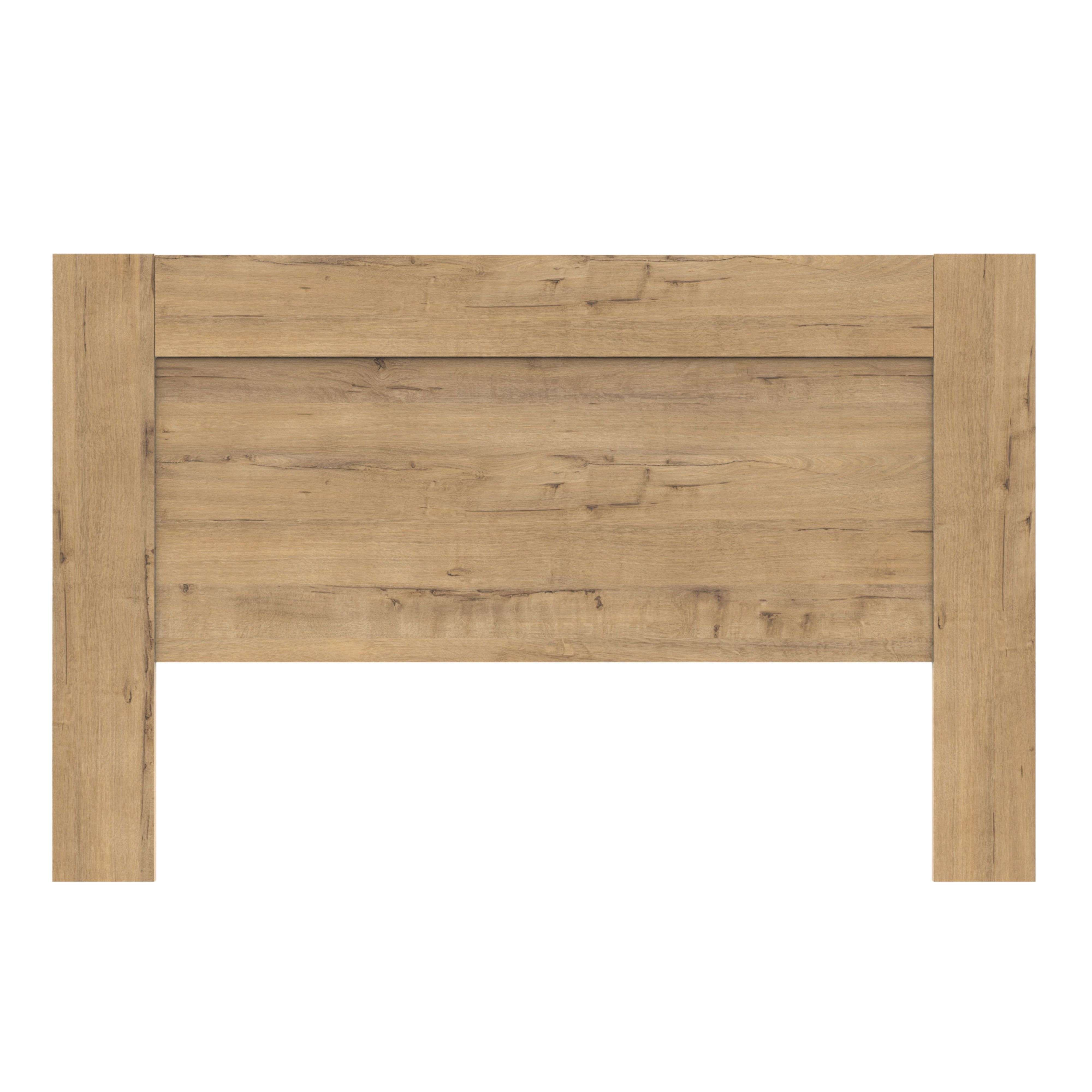Un cabecero de madera marrón claro con postes verticales y paneles horizontales.