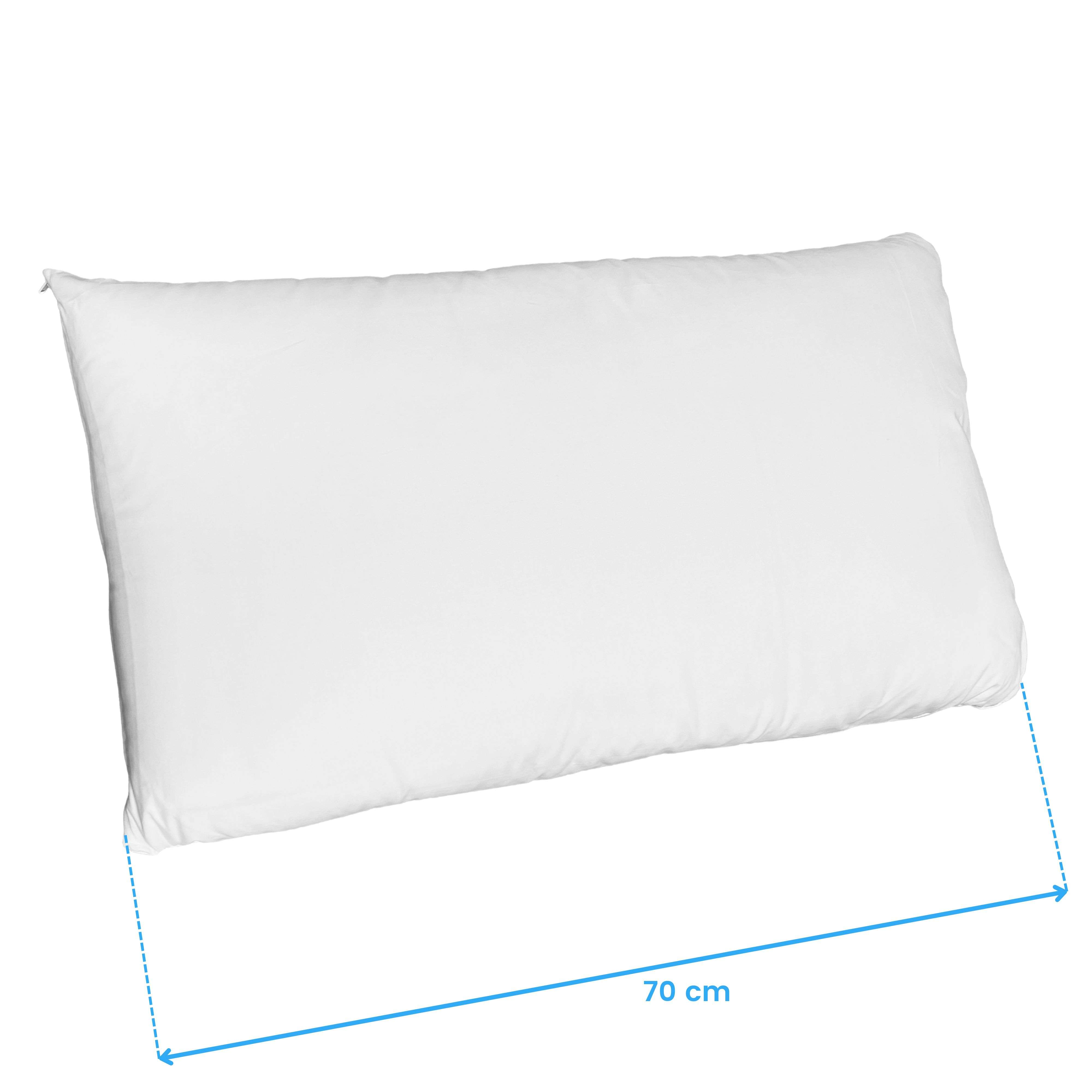 Una almohada blanca con una línea de medida azul que indica 70 cm.