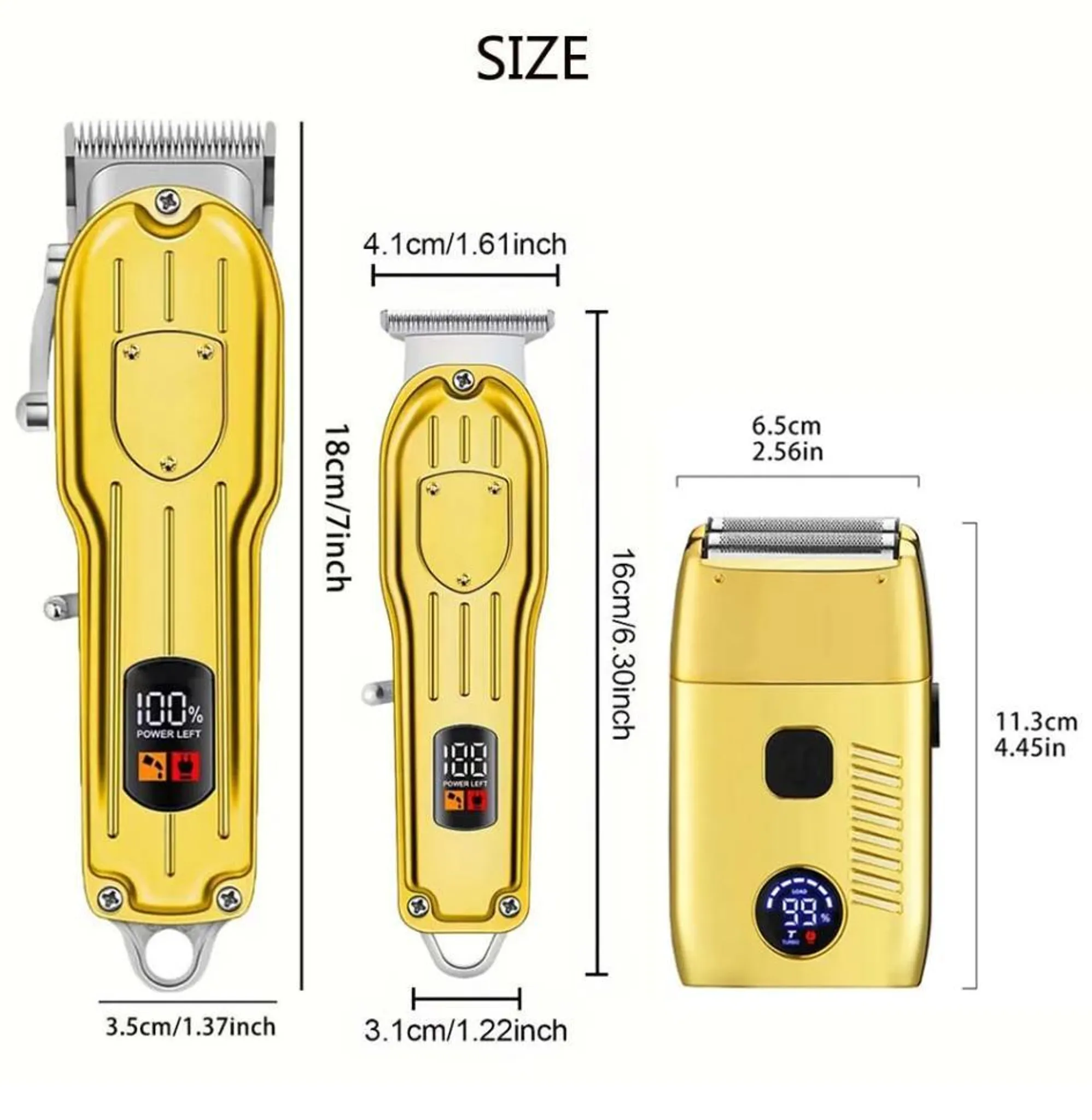 Drei goldene Haarschneidemaschinen mit Größenangaben.