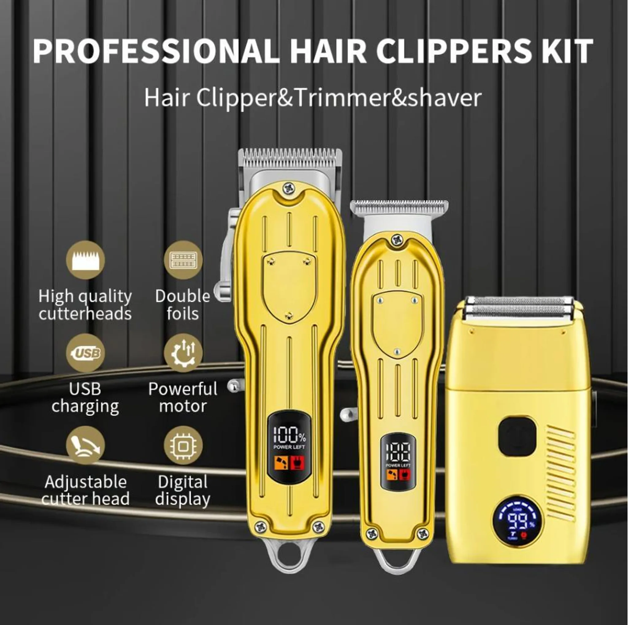 Goldene Haarschneidemaschinen mit digitalen Displays: Clipper, Trimmer und Rasierer.