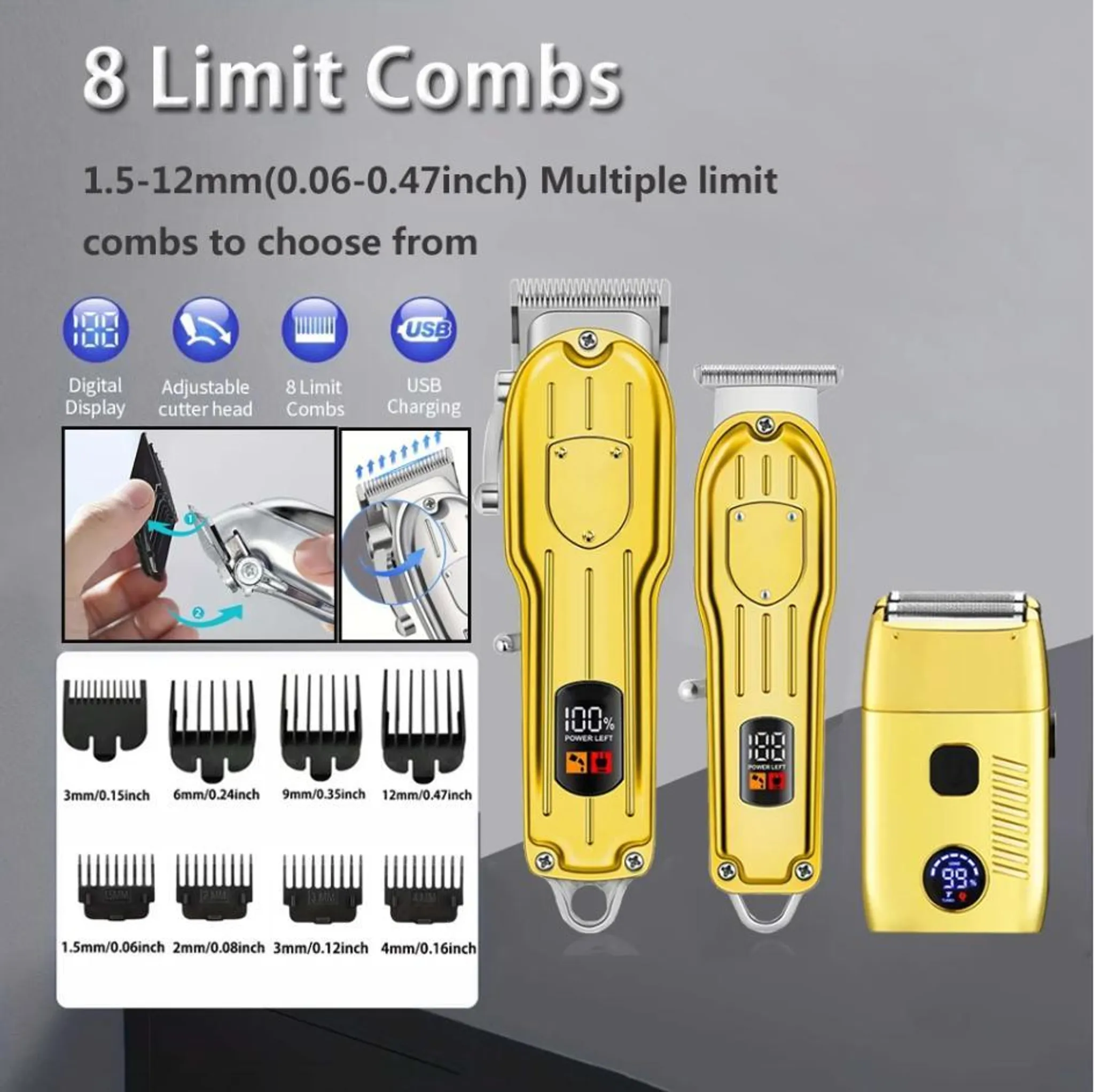 Goldene Haarschneider mit Zubehör: 8 Aufsätze, Digitalanzeige, USB-Ladung.