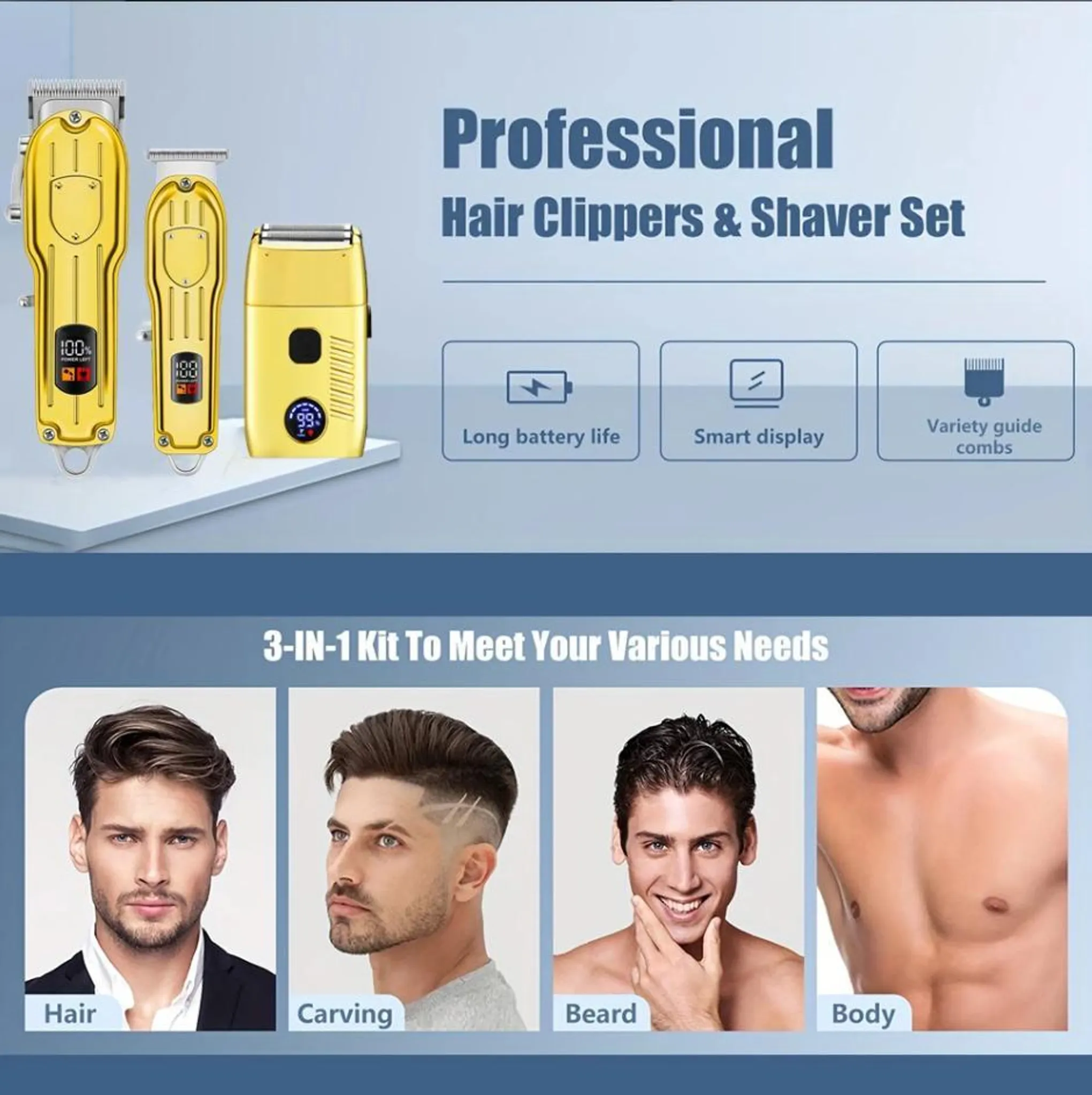 Goldene Haarschneider und Rasierer-Set, mit langer Akkulaufzeit, Smart-Display und Kämmen.