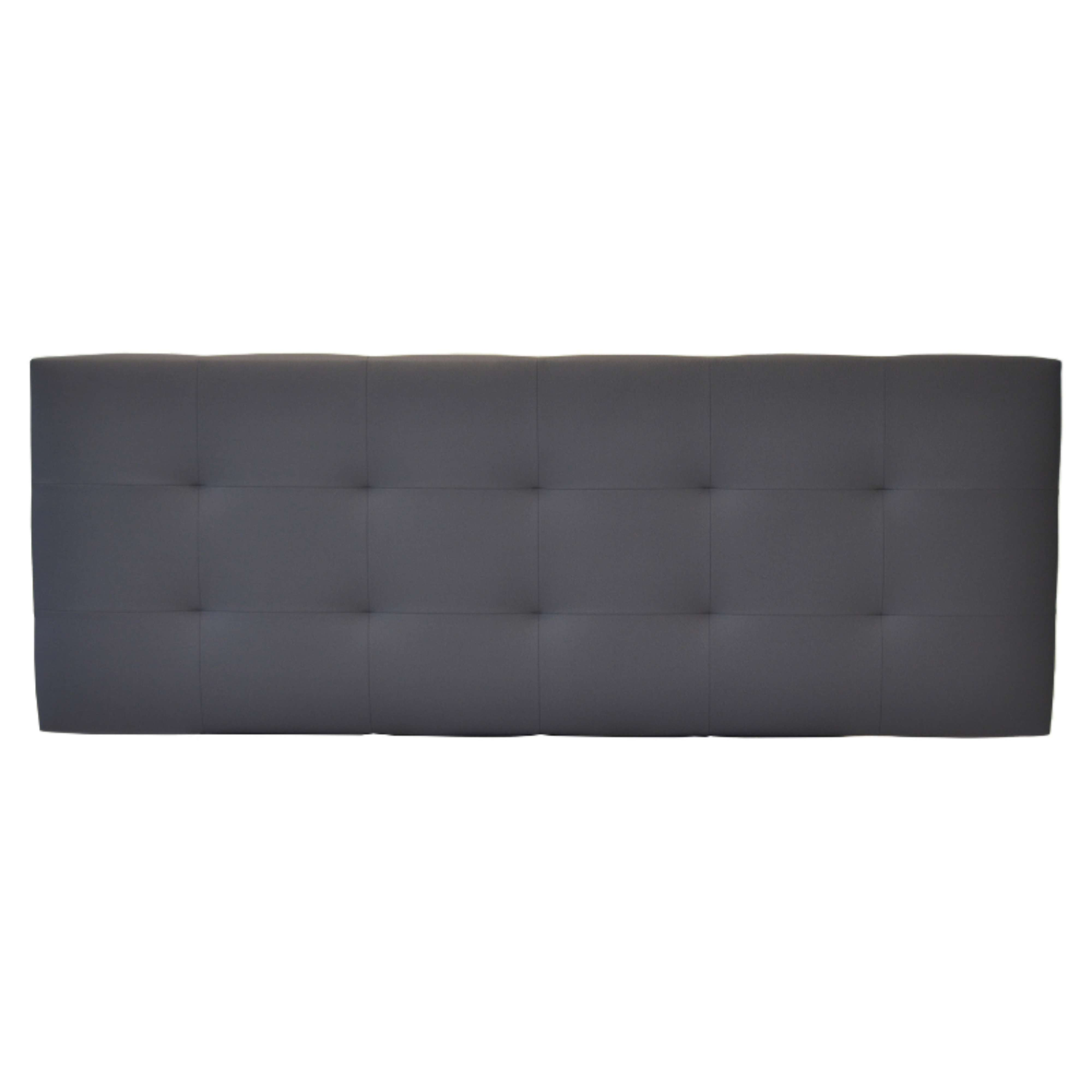 Un cabecero rectangular, gris oscuro, tapizado y con botones.
