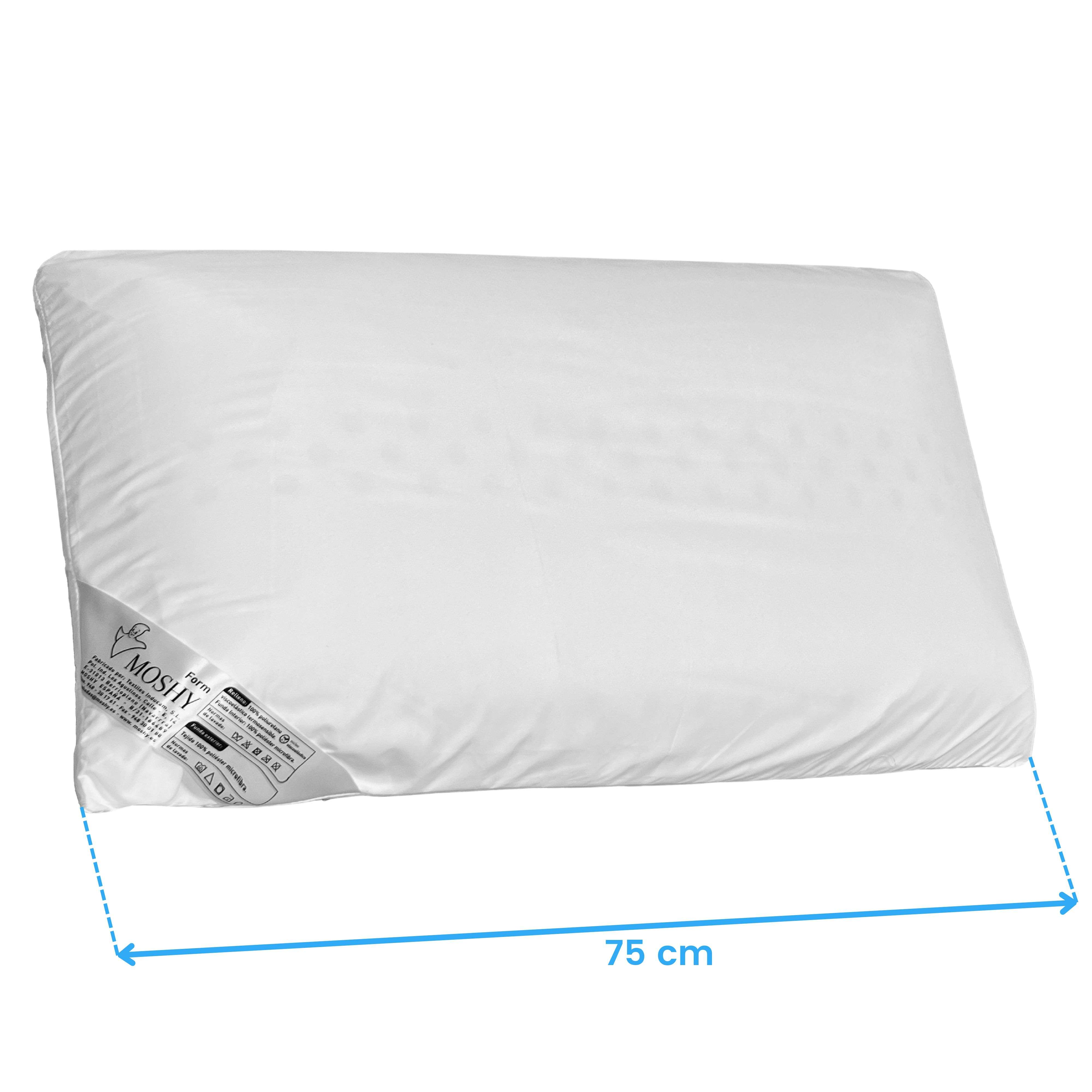 Una almohada blanca con etiqueta, mide 75 cm.