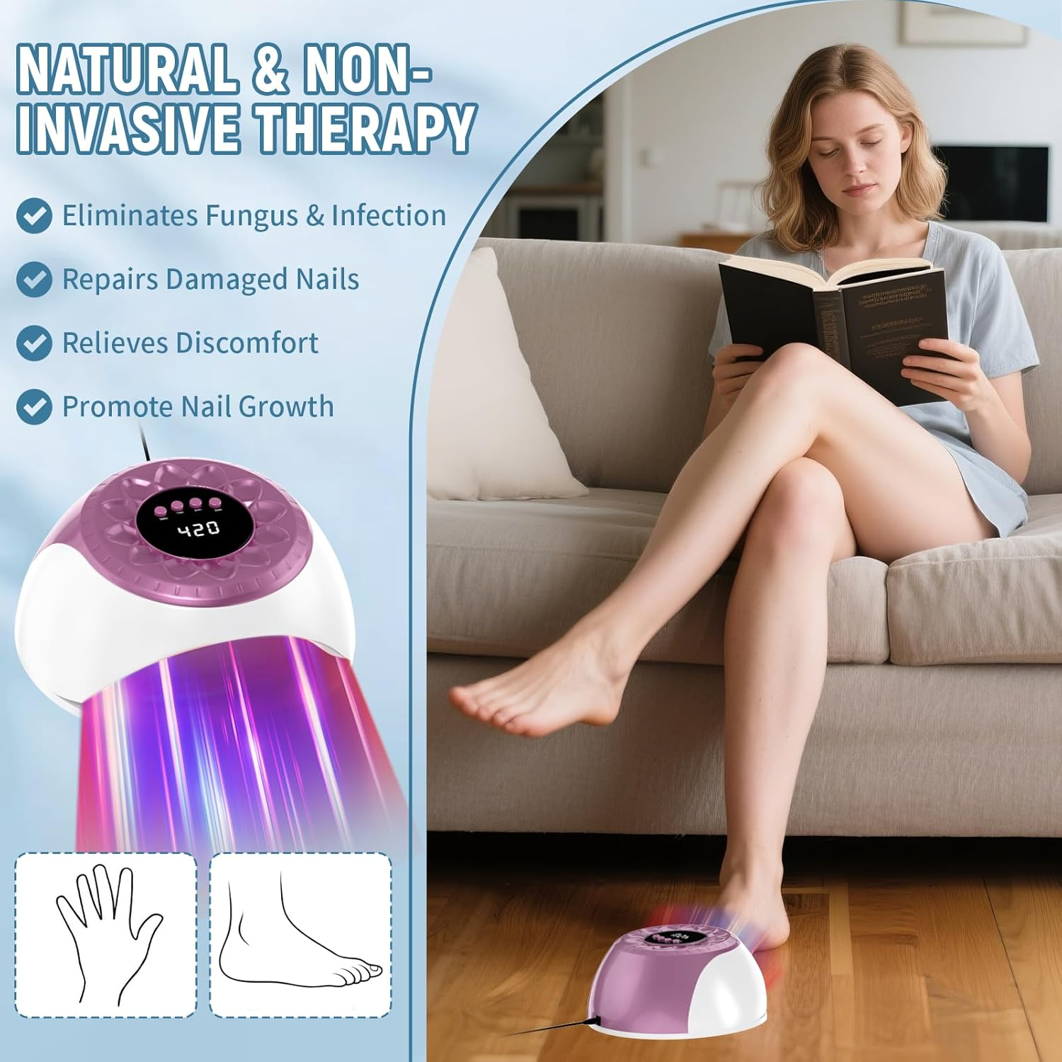 Eine Frau liest ein Buch, während ein Nageltherapiegerät ihr Licht auf den Fuß wirft.