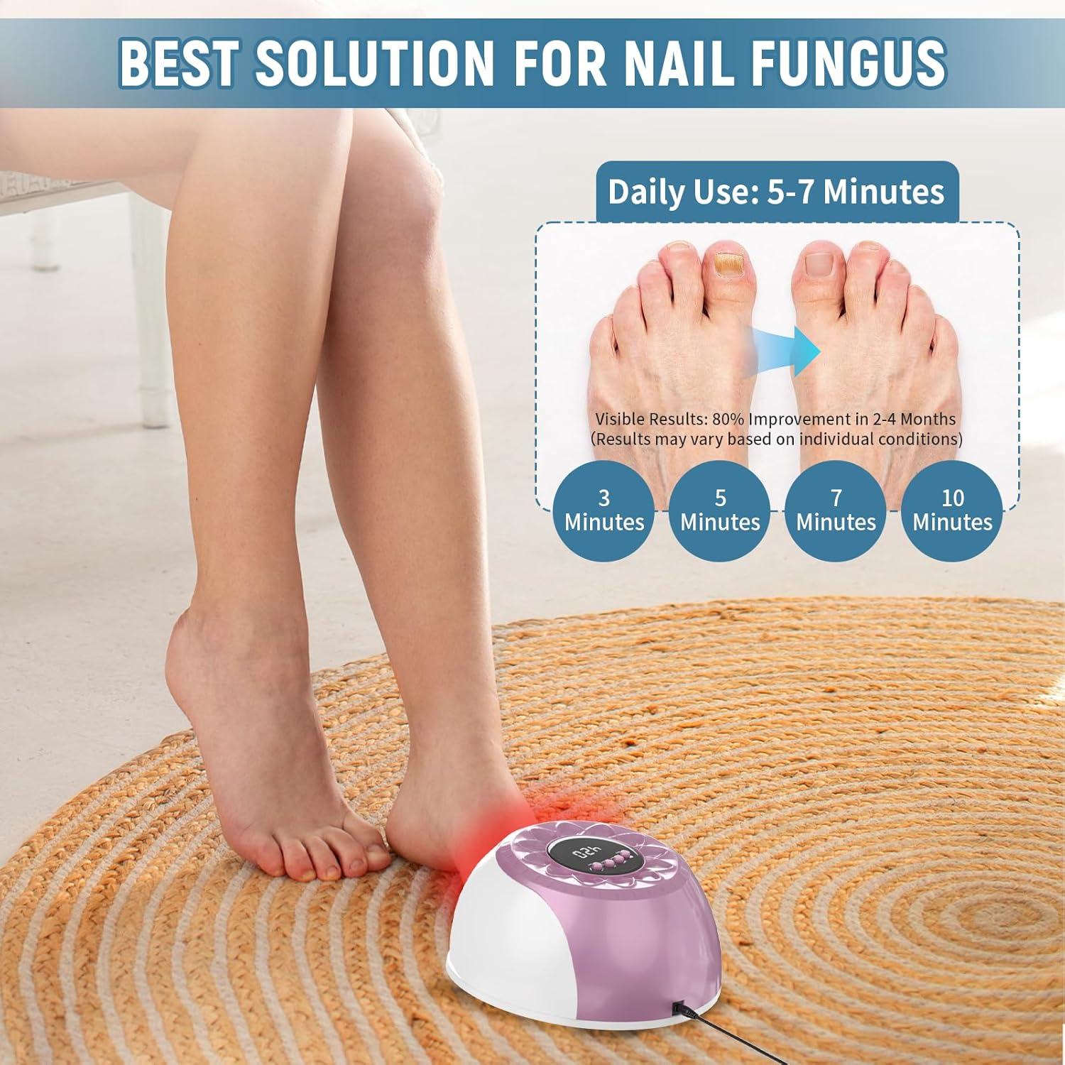 Füße mit Nagelpilz werden mit einem Gerät behandelt, das eine Lösung für Nagelpilz anbietet.