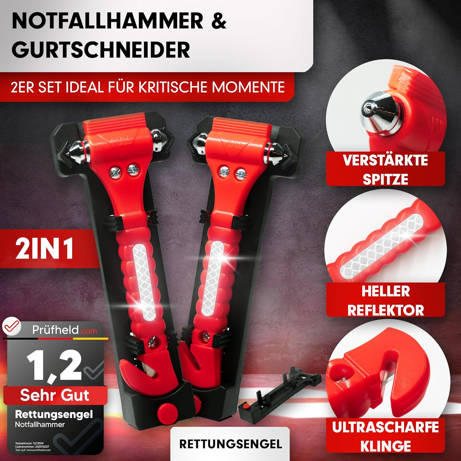 Zwei rote 2-in-1-Notfallhämmer mit Gurtschneidern. Merkmale: verstärkte Spitze, Reflektor und scharfe Klinge.