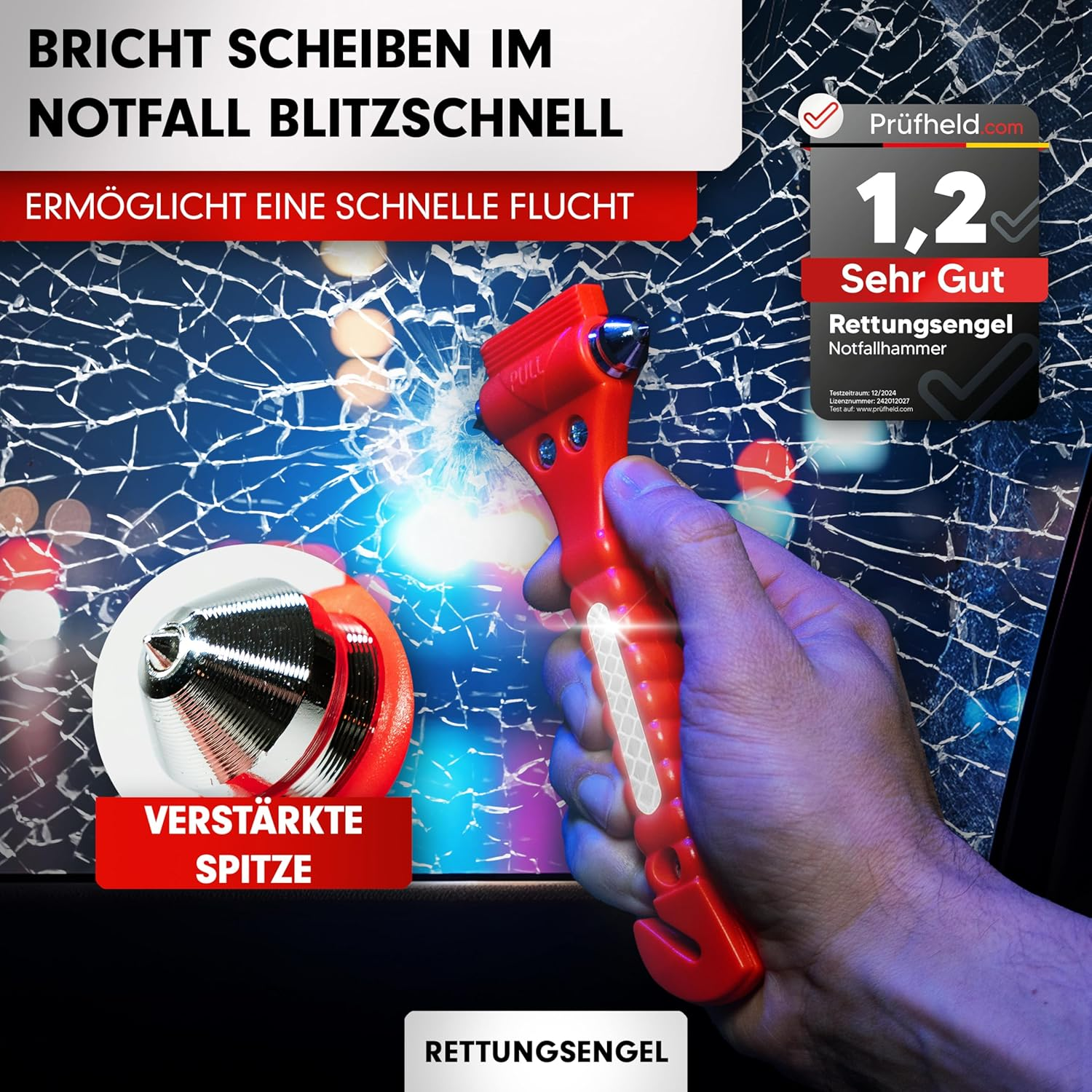 Ein roter Notfallhammer mit Metallspitze zerbricht eine Glasscheibe mit blauen Lichtern.