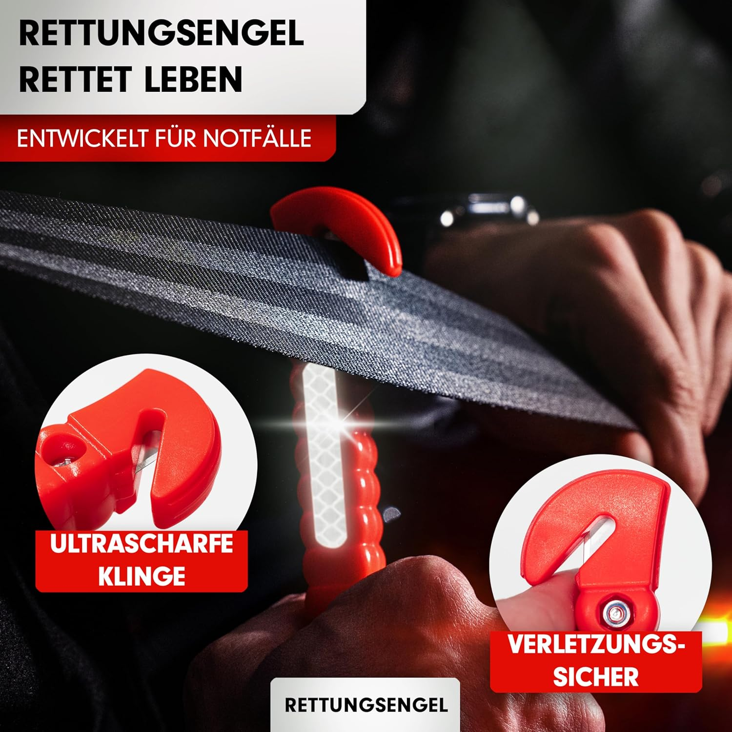 Rettungswerkzeug mit scharfer Klinge und Gurtenschneider. Für Notfälle.