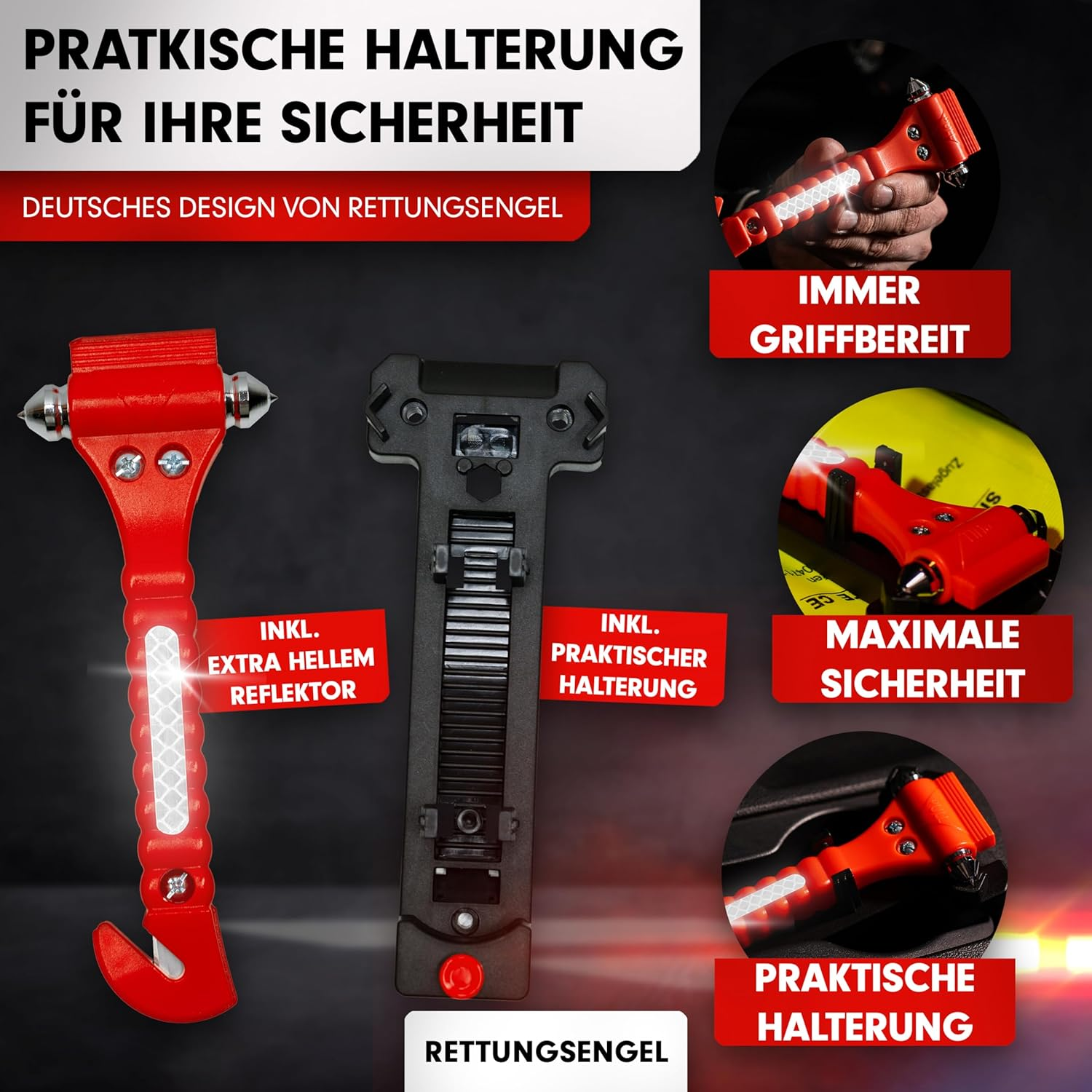 Ein rotes Rettungswerkzeug mit Hammer, Schneide und Reflektor, daneben Halterung.