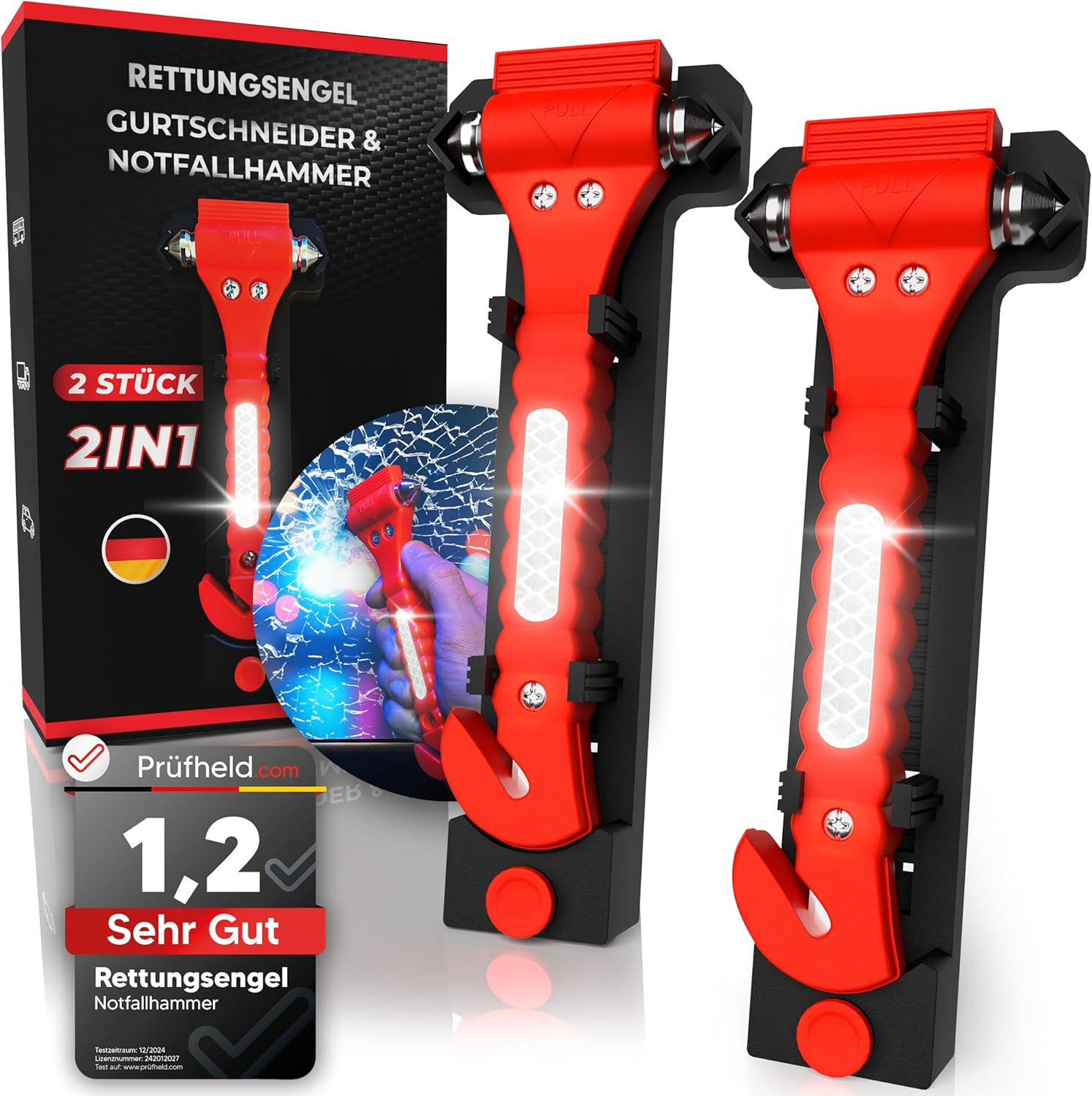 Zwei rote Rettungshelfer mit Gurtschneider und Notfallhammer, auf schwarzem Sockel.