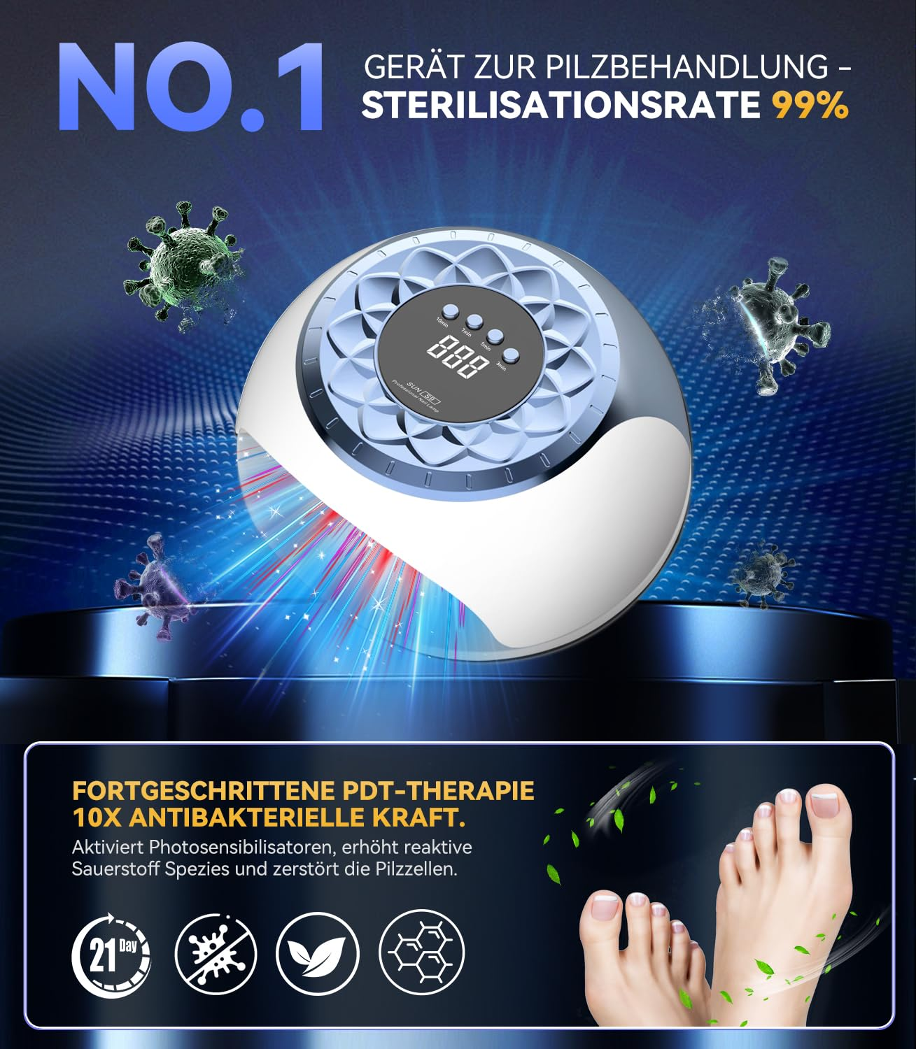 Ein Nagelsterilisator mit PDT-Therapie bekämpft Pilze auf Füßen mit 99% Effizienz.