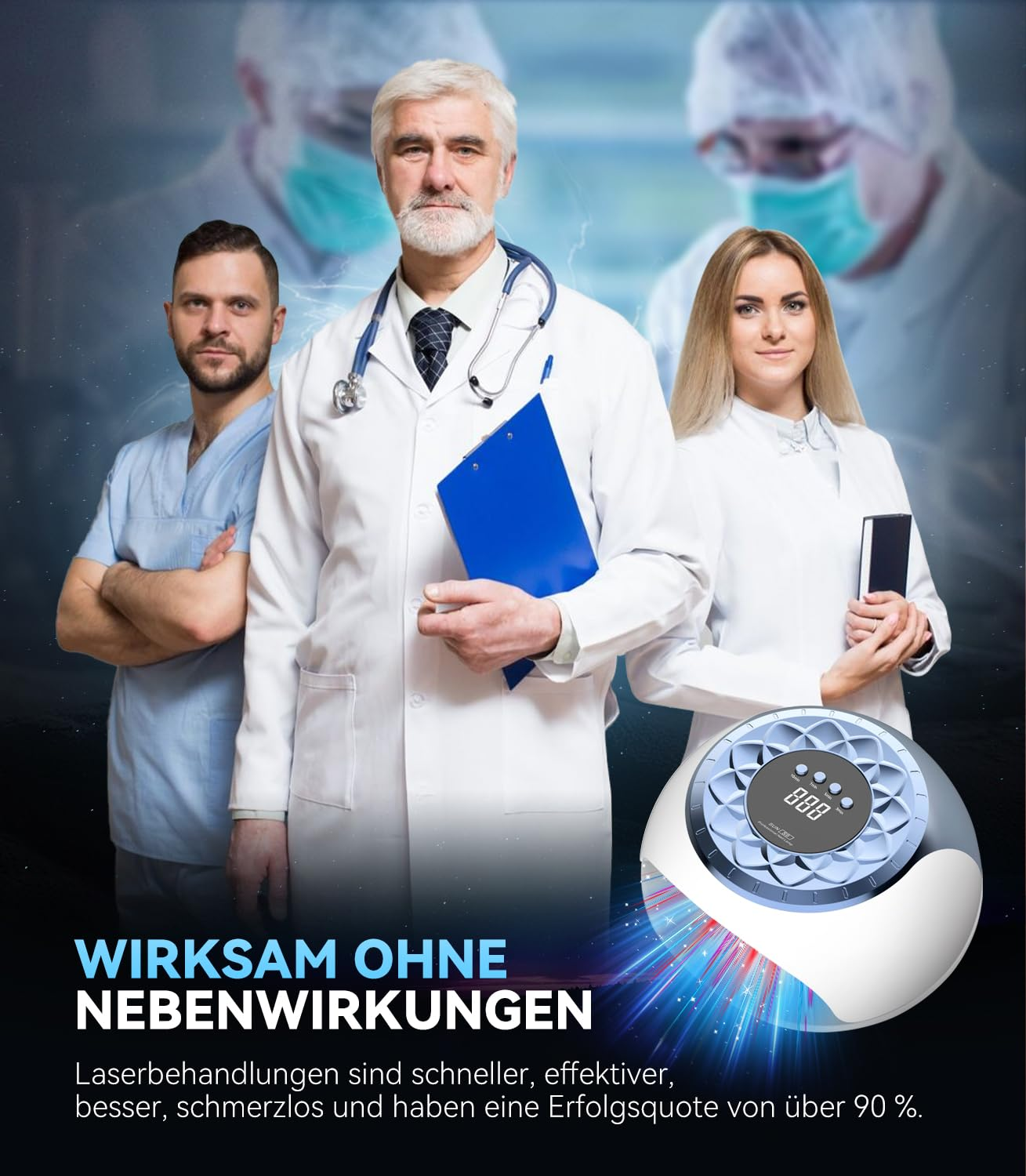 Ärzte mit medizinischem Gerät und Text: Wirksam ohne Nebenwirkungen.