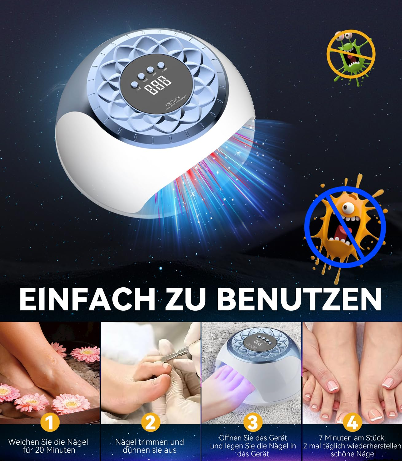Nageltrockner mit 4 Schritten: Einweichen, Trimmen, Trocknen, Fertigstellung.