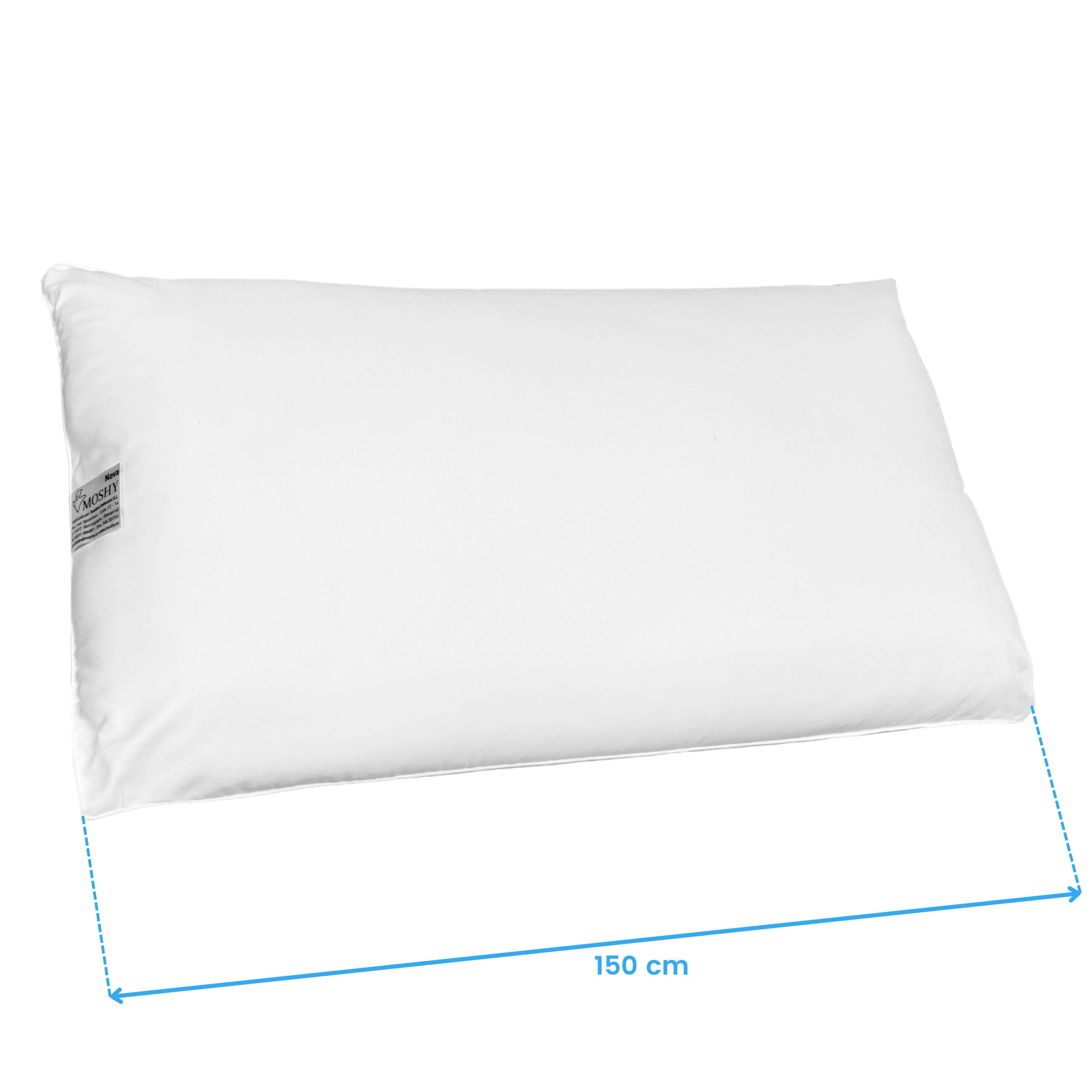 Una almohada blanca con una etiqueta y una longitud indicada de 150 cm.
