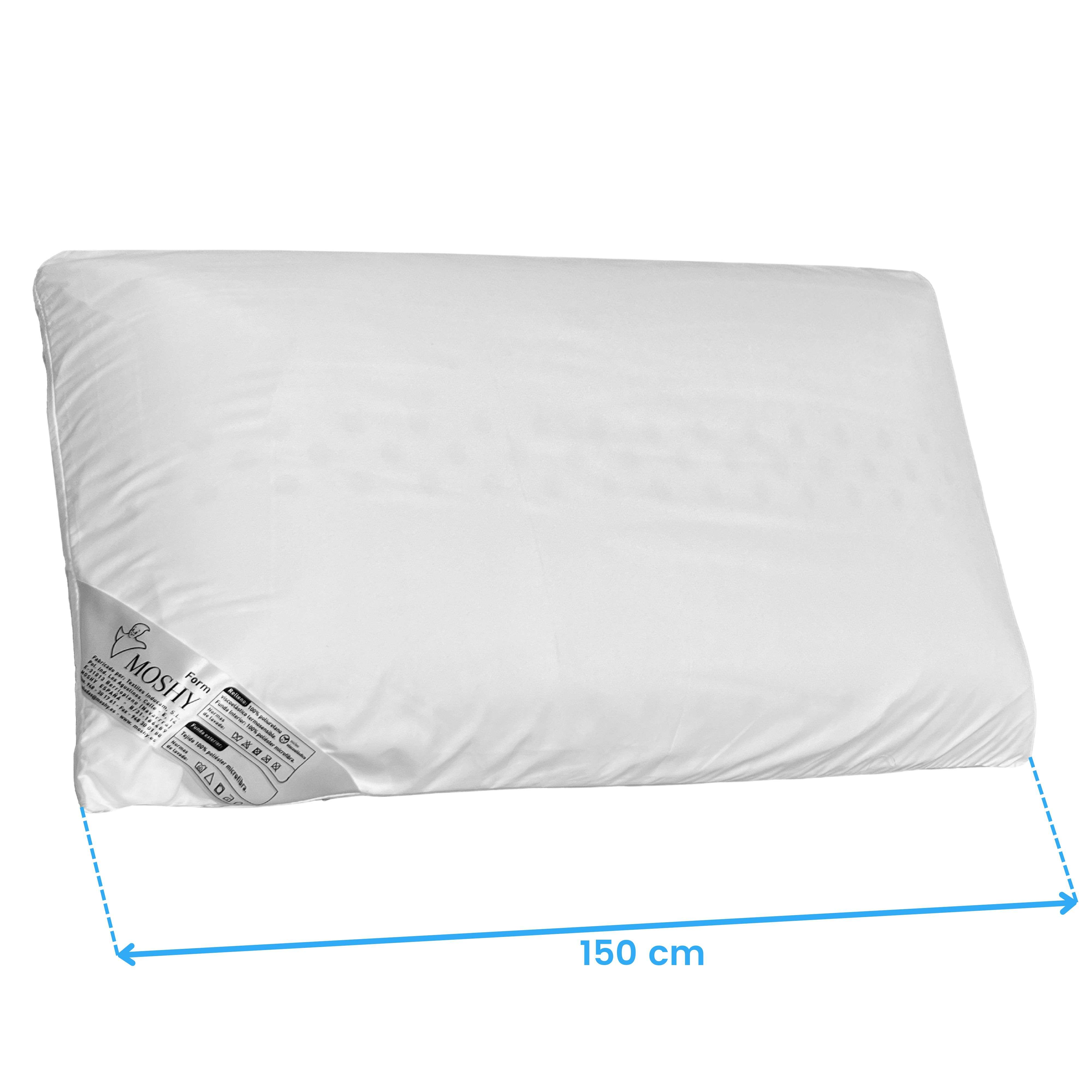 Una almohada blanca con una etiqueta que indica 150 cm.
