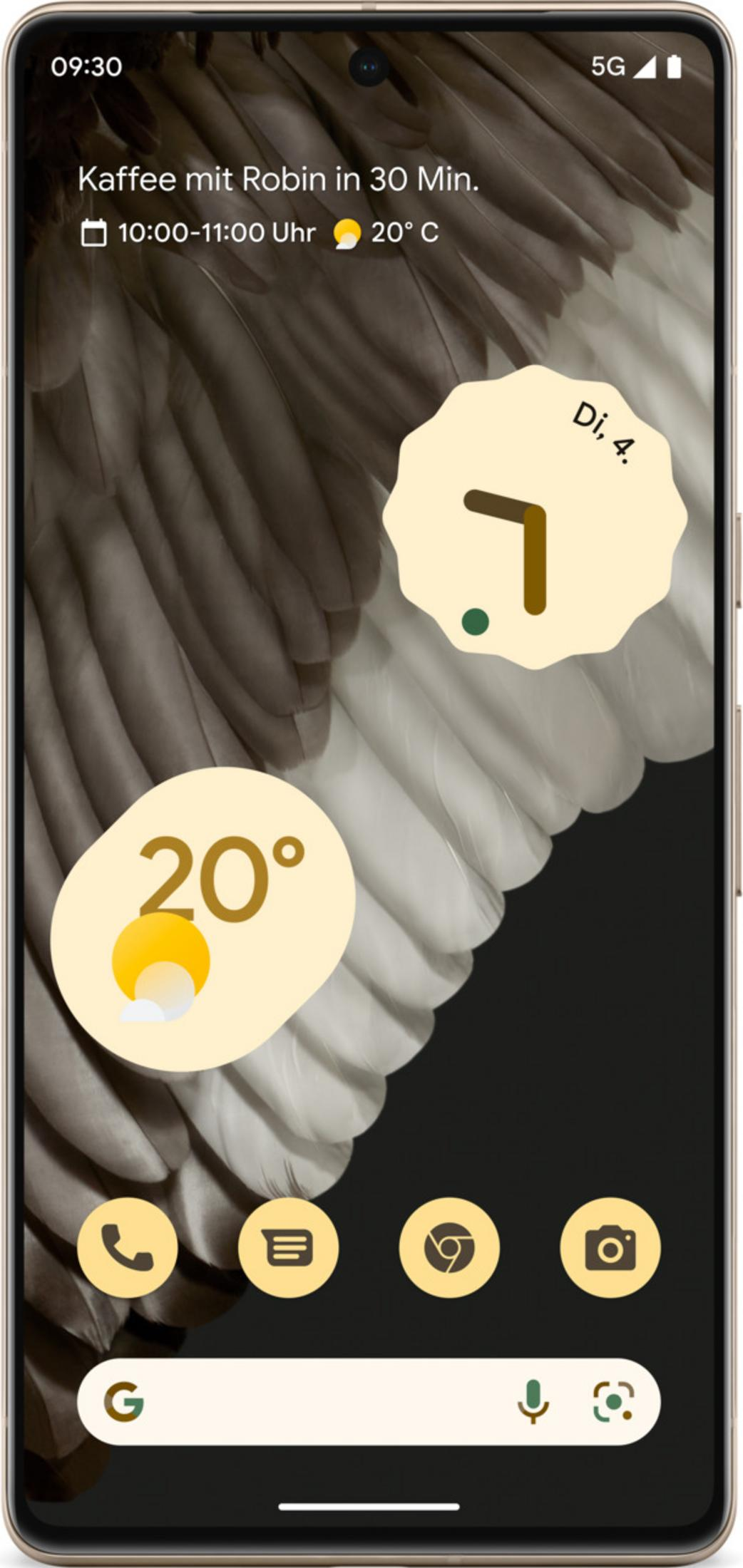 Smartphone con sfondo di piume, ora 09:30, meteo 20°C, appuntamento.