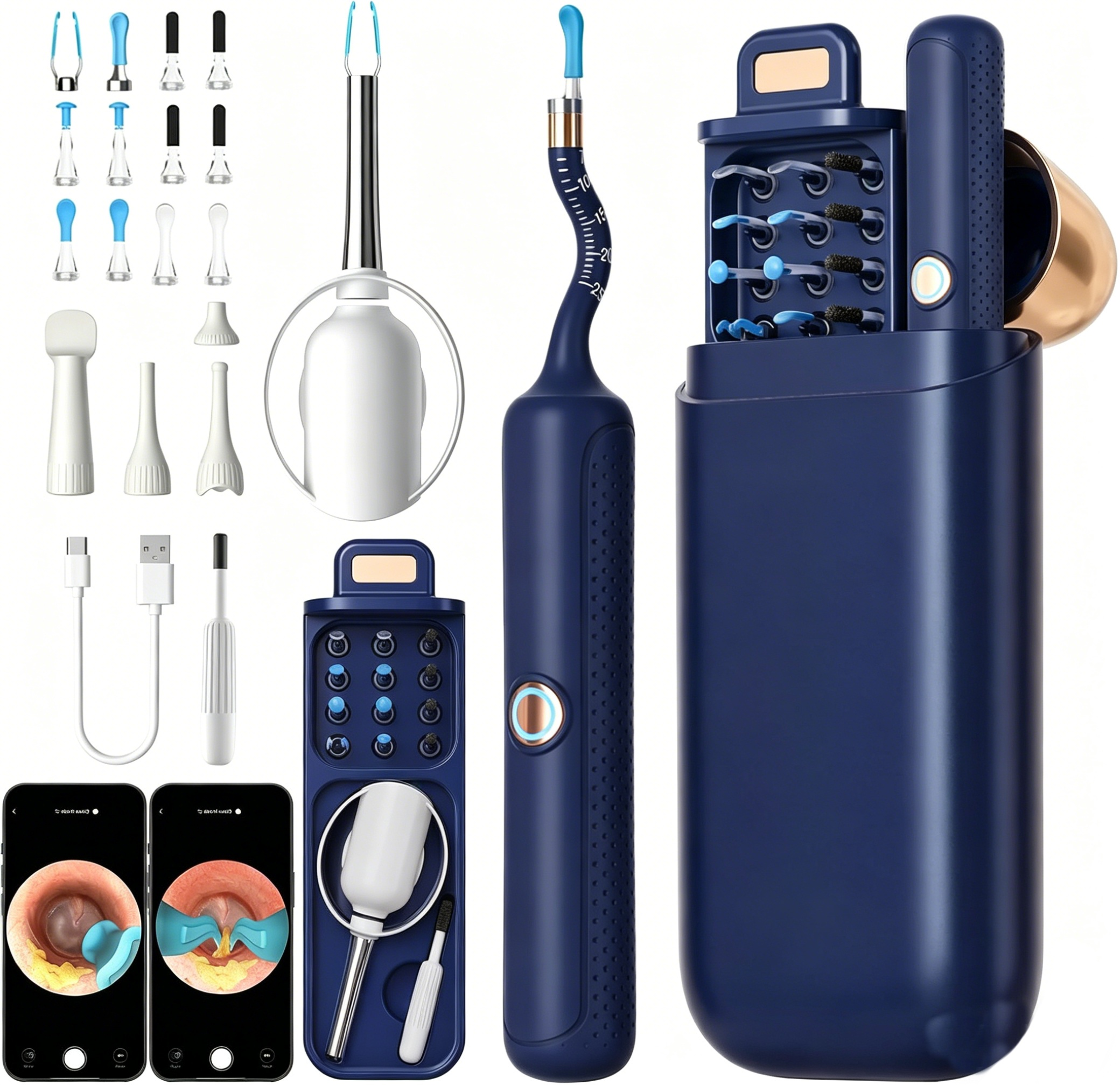 Ein digitales Ohrenreinigungsset mit verschiedenen blau-weißen Werkzeugen, Ladekabel und Handy-Bildschirmansichten.