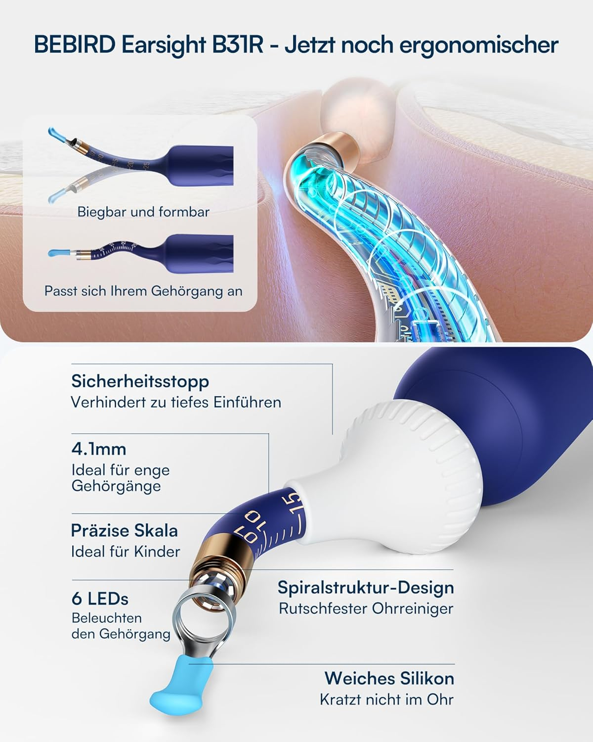 Ein ergonomisches BEBIRD Ohrenreiniger-Gerät mit flexibler Spitze und LEDs.