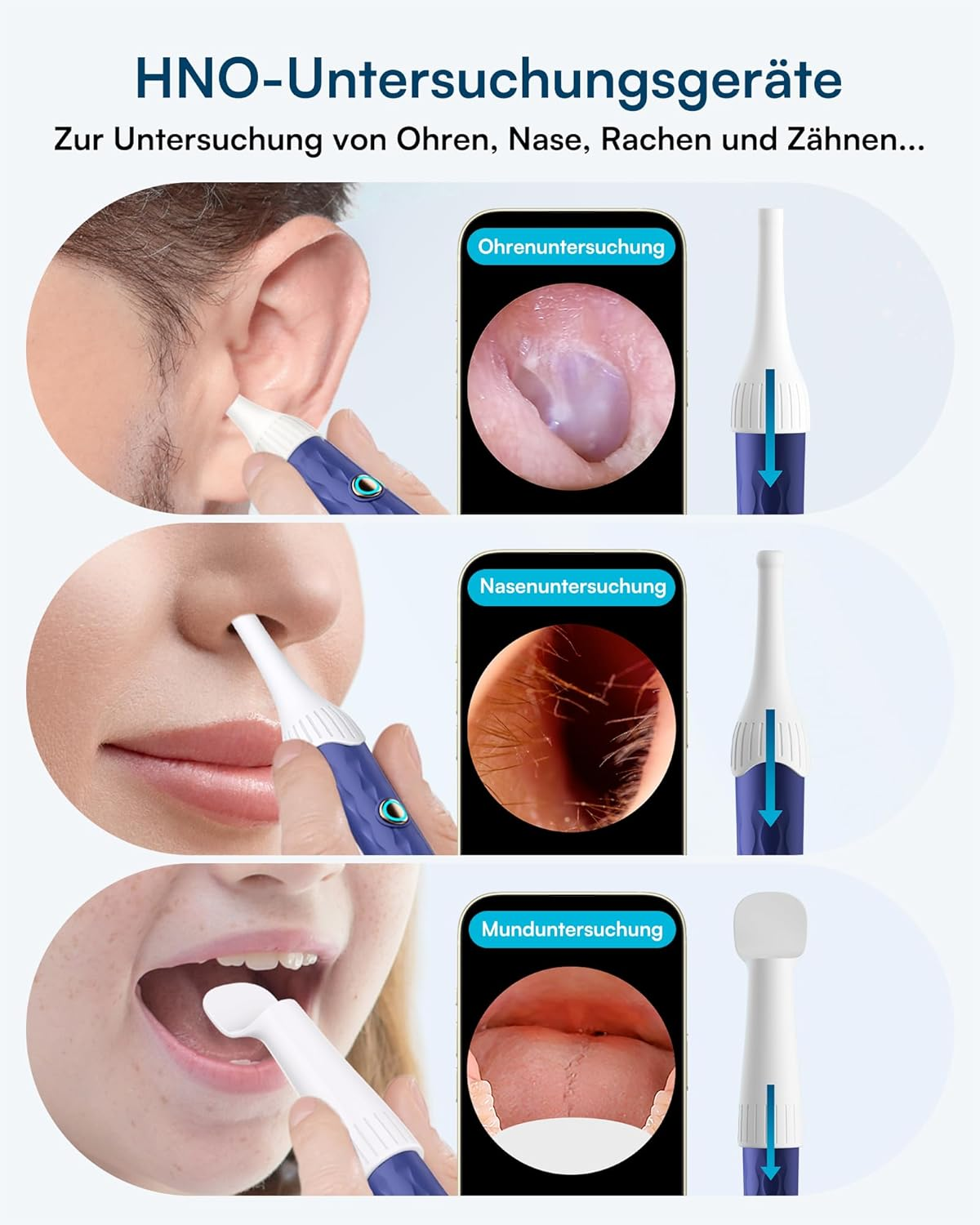 HNO-Geräte für Ohren, Nase, Mund. Zeigt Innere Ansichten und Geräte.