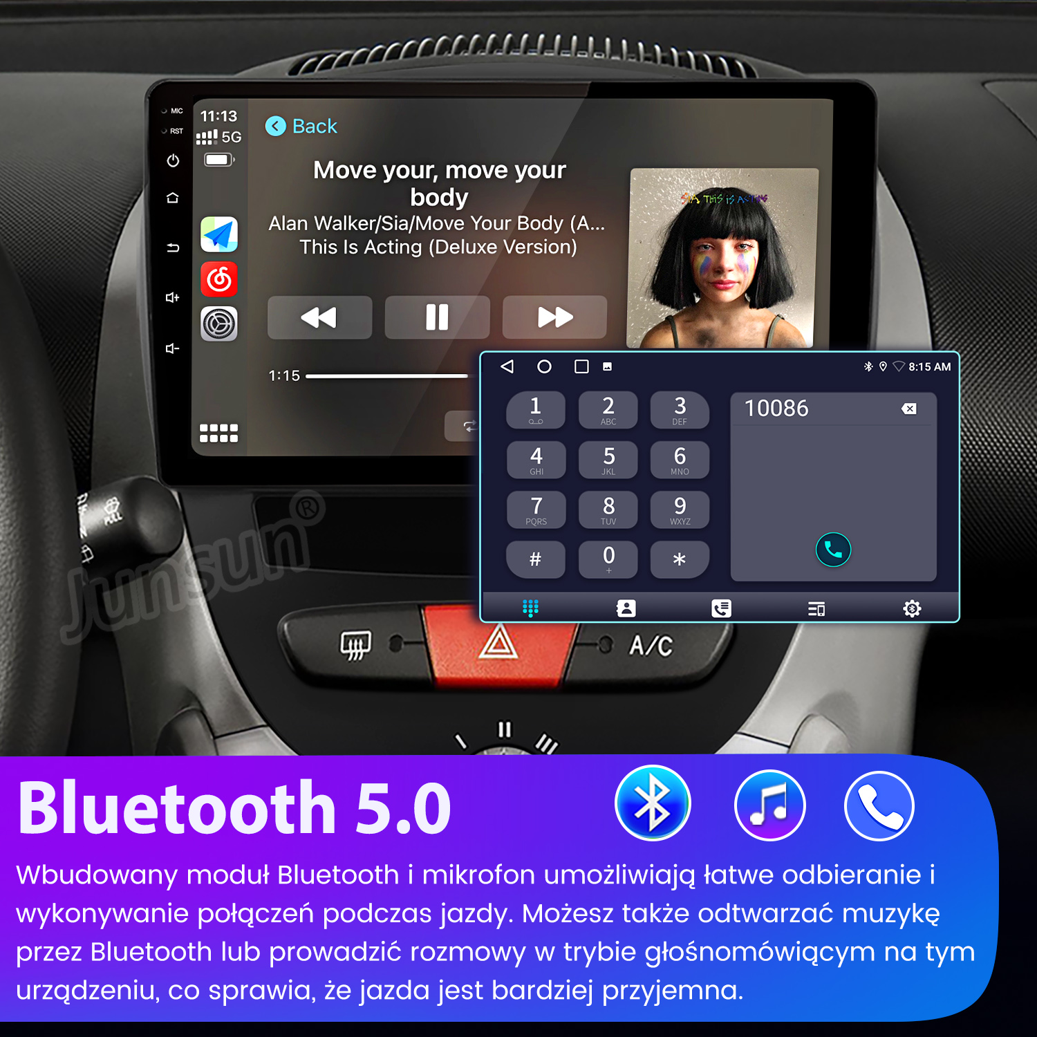 System Infotainment samochodu wyświetla odtwarzanie muzyki z Sii i klawiaturę numeryczną.