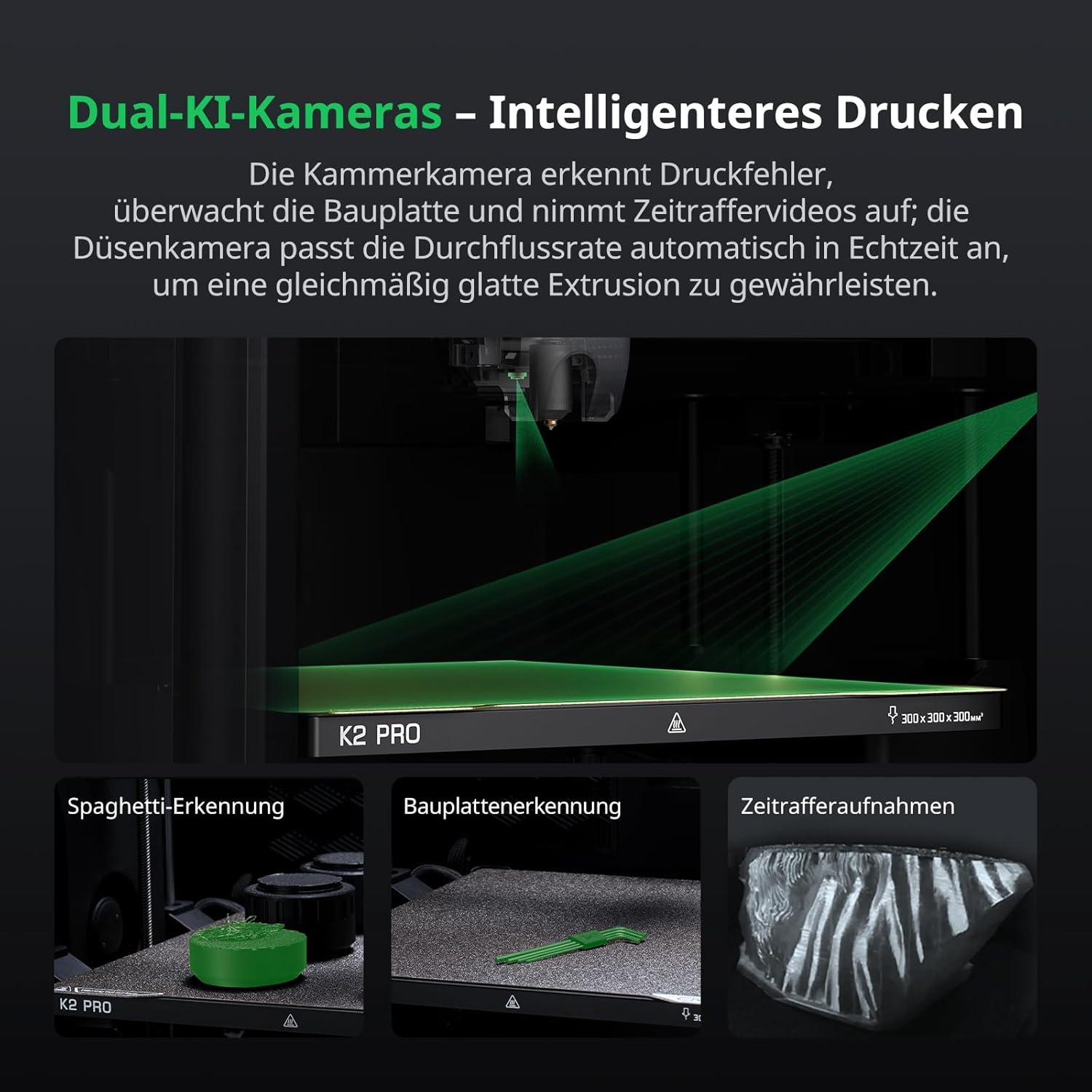 Impresora 3D con cámaras duales. Muestra detección de espagueti, nivelación de cama y time-lapse.